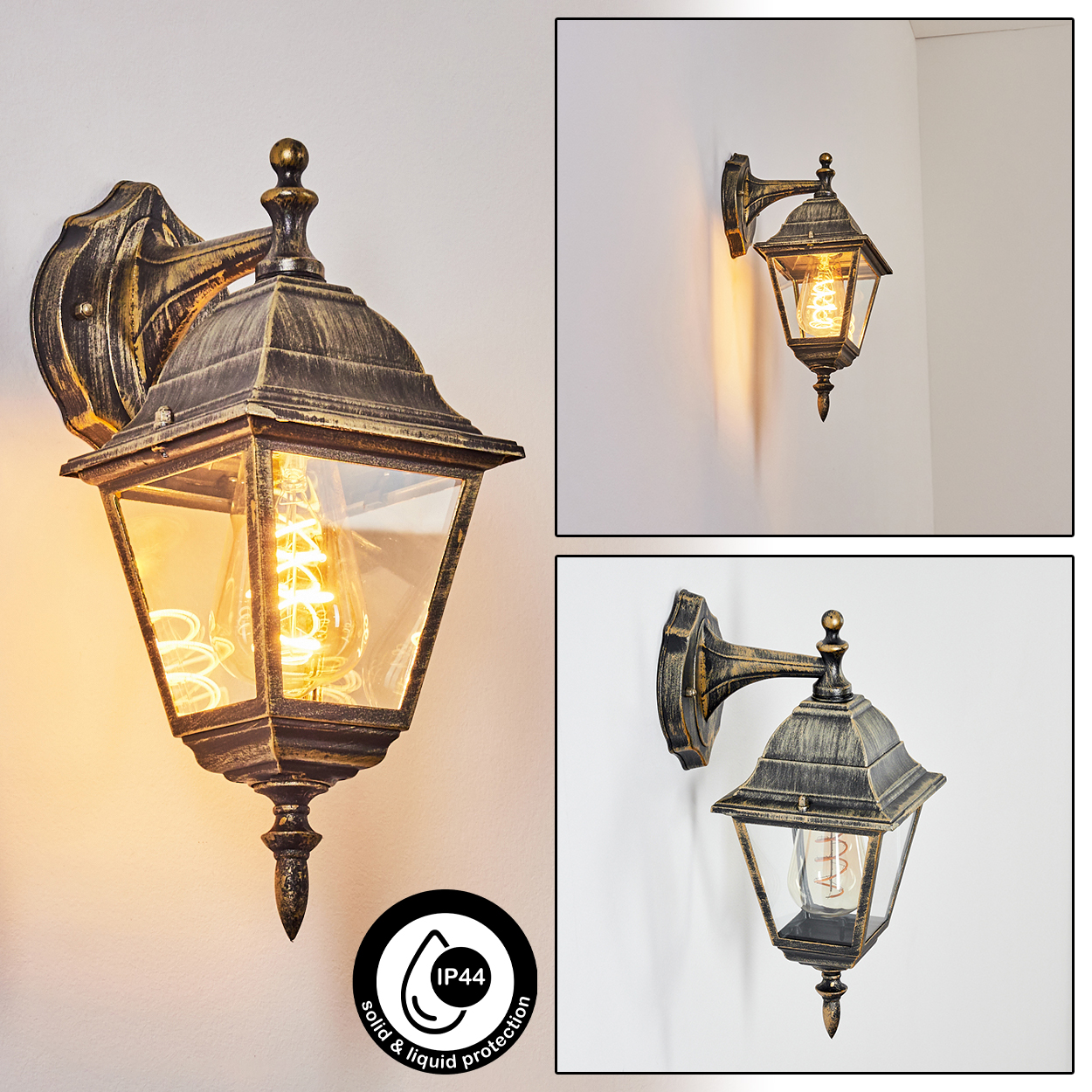 Mehrere Ansichten einer Außenwandleuchte. Die Lampe hat ein Vintage-Design. Text: IP44, fester & Flüssigkeitsschutz.