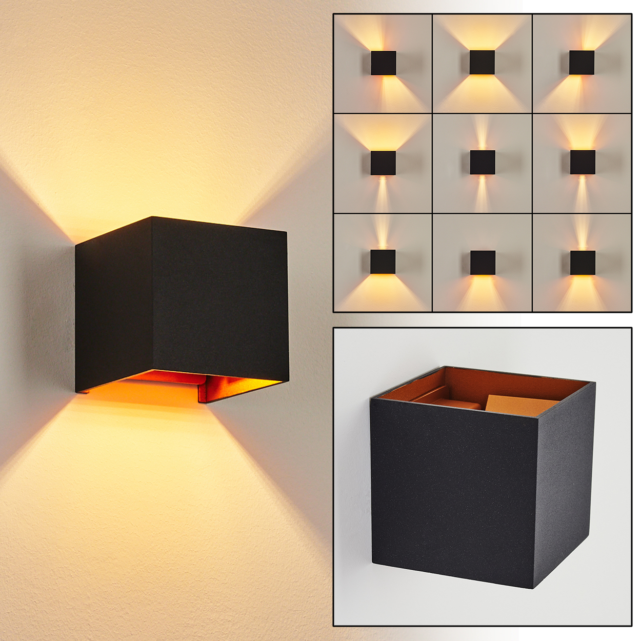 Wandleuchte, schwarzes Quadrat mit orangefarbenem Innenraum. Mehrere Ansichten mit unterschiedlichen Lichtmustern.