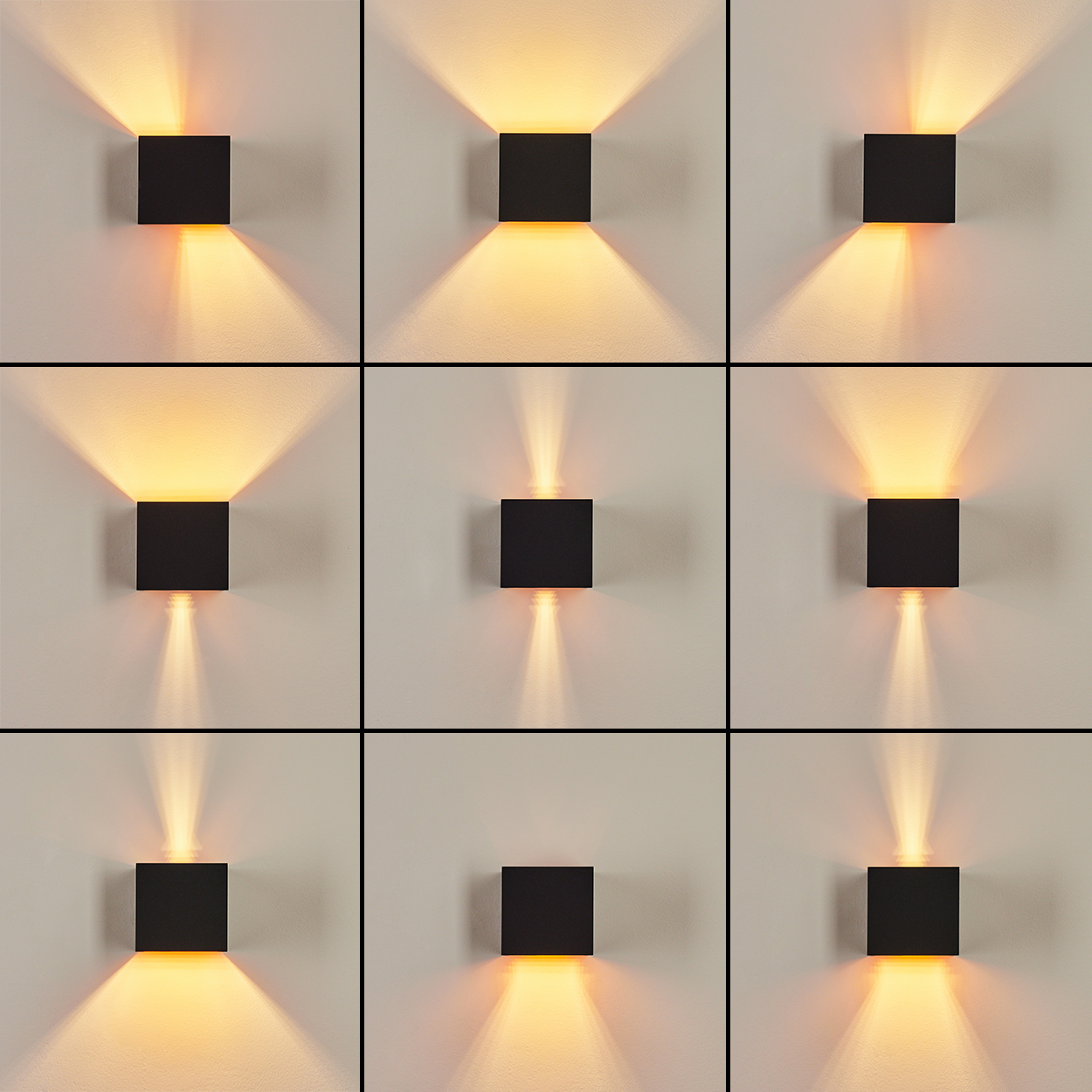 Neun quadratische schwarze Lampen mit unterschiedlichen Lichtmustern. Das Licht scheint in verschiedene Richtungen.