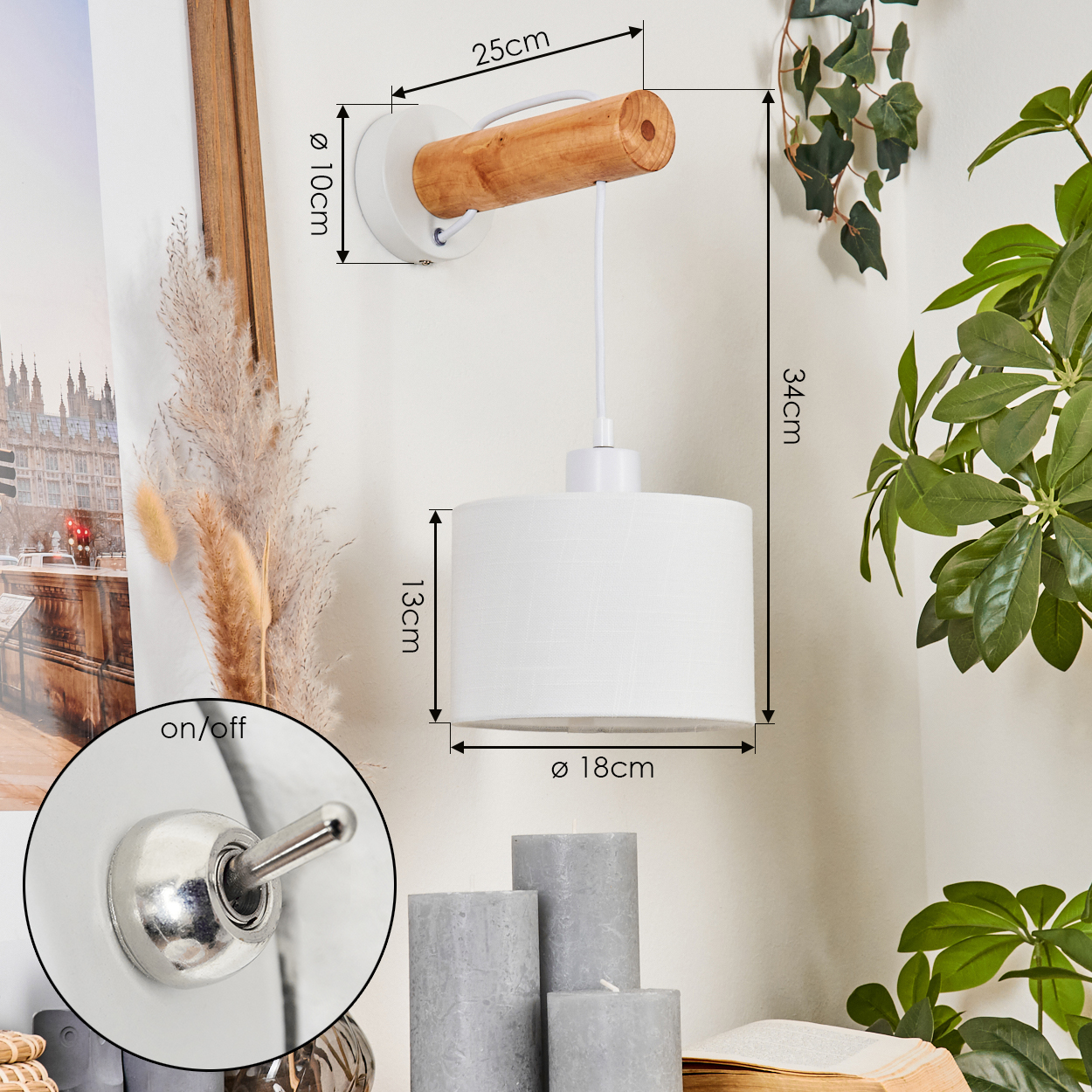 Weiße Wandlampe mit Holzarm, weißem Lampenschirm und Maßen. Ein-/Aus-Schalter-Detail und Dekor.