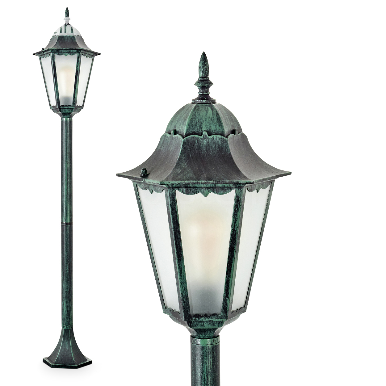 Hohe Außenlampe mit grüner Oberfläche, Glasscheiben und dekorativer Spitze. Isoliert auf Weiß.