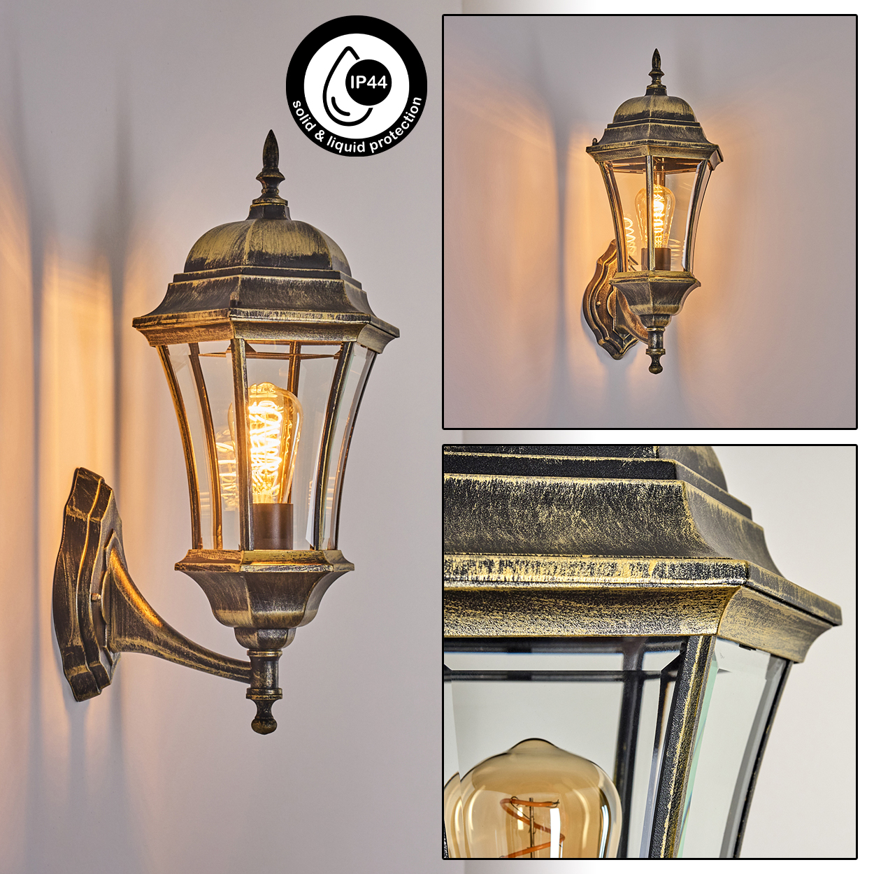 Außenwandleuchte mit goldener Oberfläche, sichtbarer Glühbirne und IP44-Zertifizierung. An der Wand montiert.
