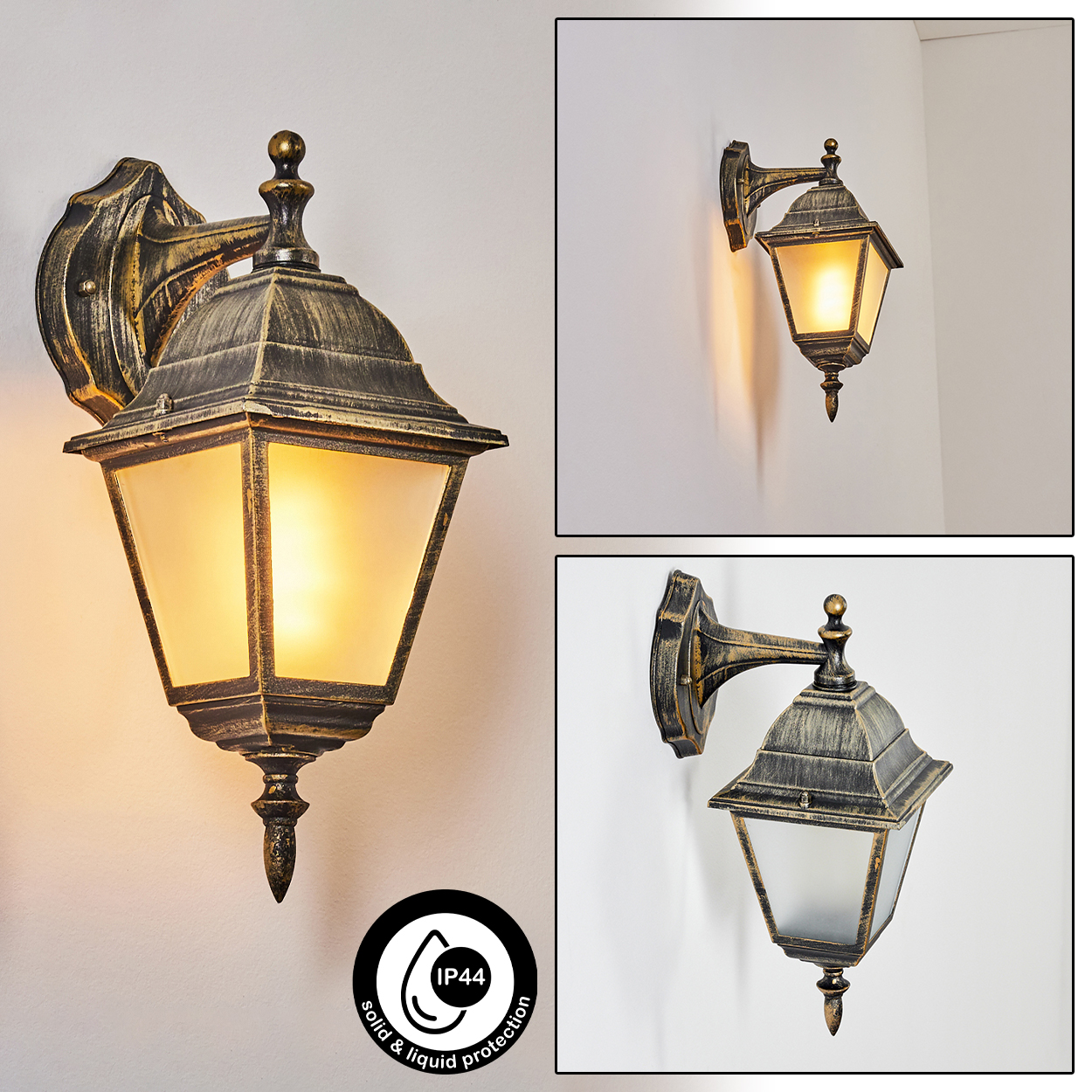 Drei Bilder einer Wand-Außenleuchte. Die Lampe ist schwarz und gold mit einer Glasfront.