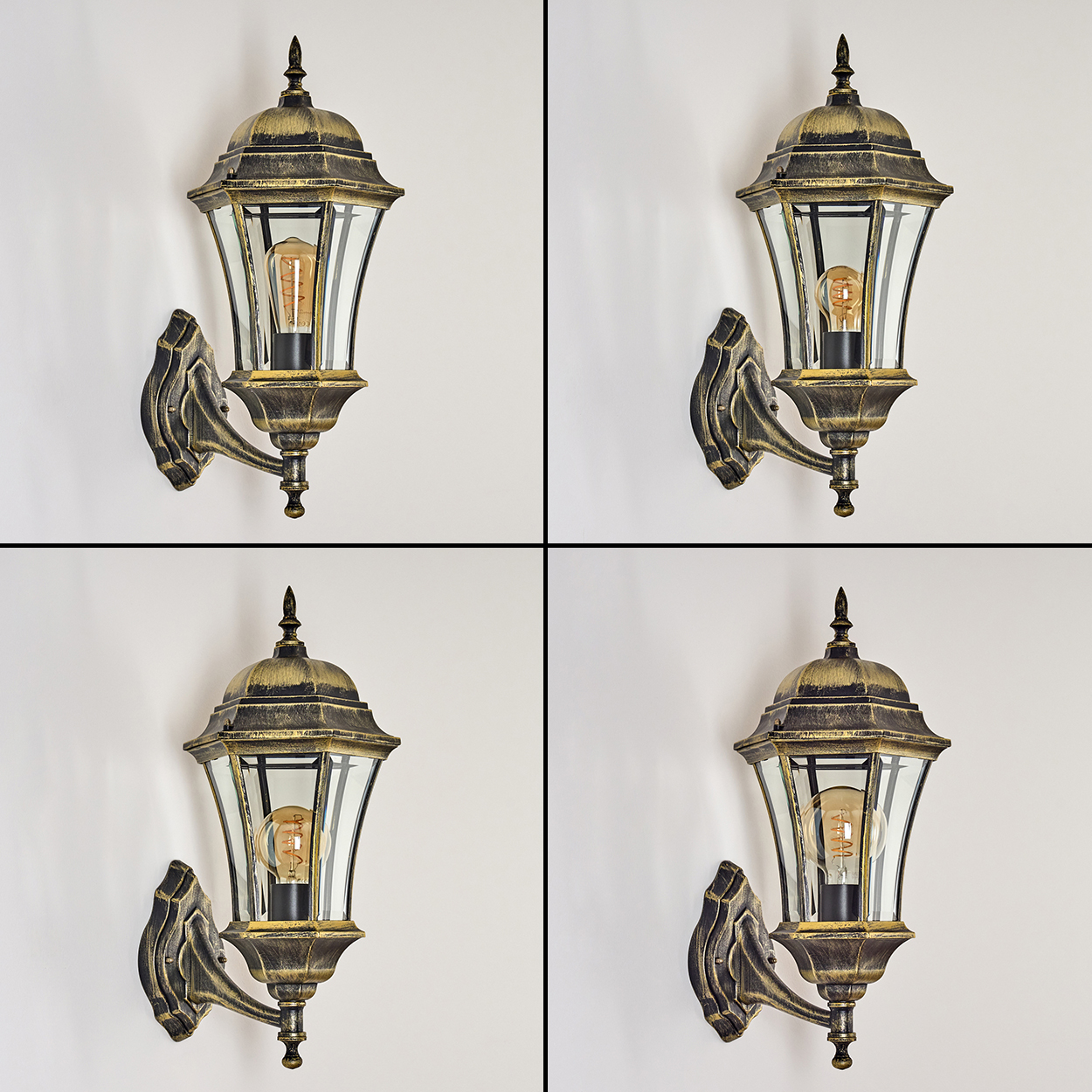 Vier Bilder von schwarz-goldenen Wandleuchten. Jede Lampe hat eine Glasfront und ist an einer weißen Wand montiert.