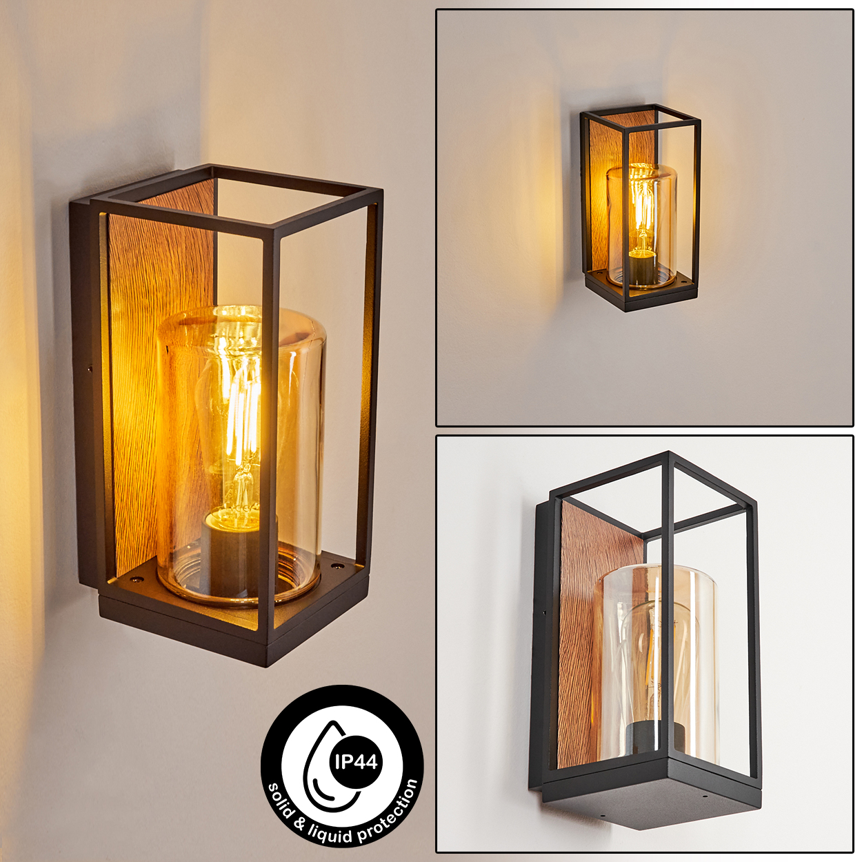 Drei Bilder einer schwarzen quadratischen Wandleuchte mit Holzrückwand und klarem Glaszylinder. Mit IP44-Label.