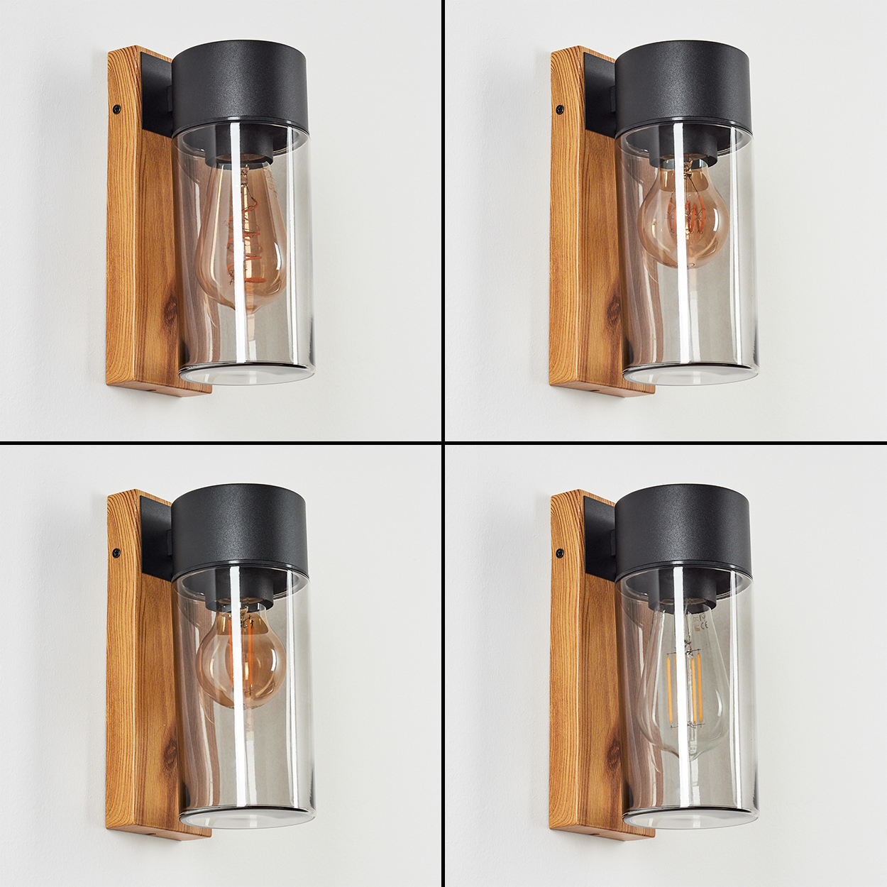 Vier Bilder einer Wandleuchte mit Holzrücken, schwarzem Oberteil und zylindrischem Glasschirm mit Glühbirne.