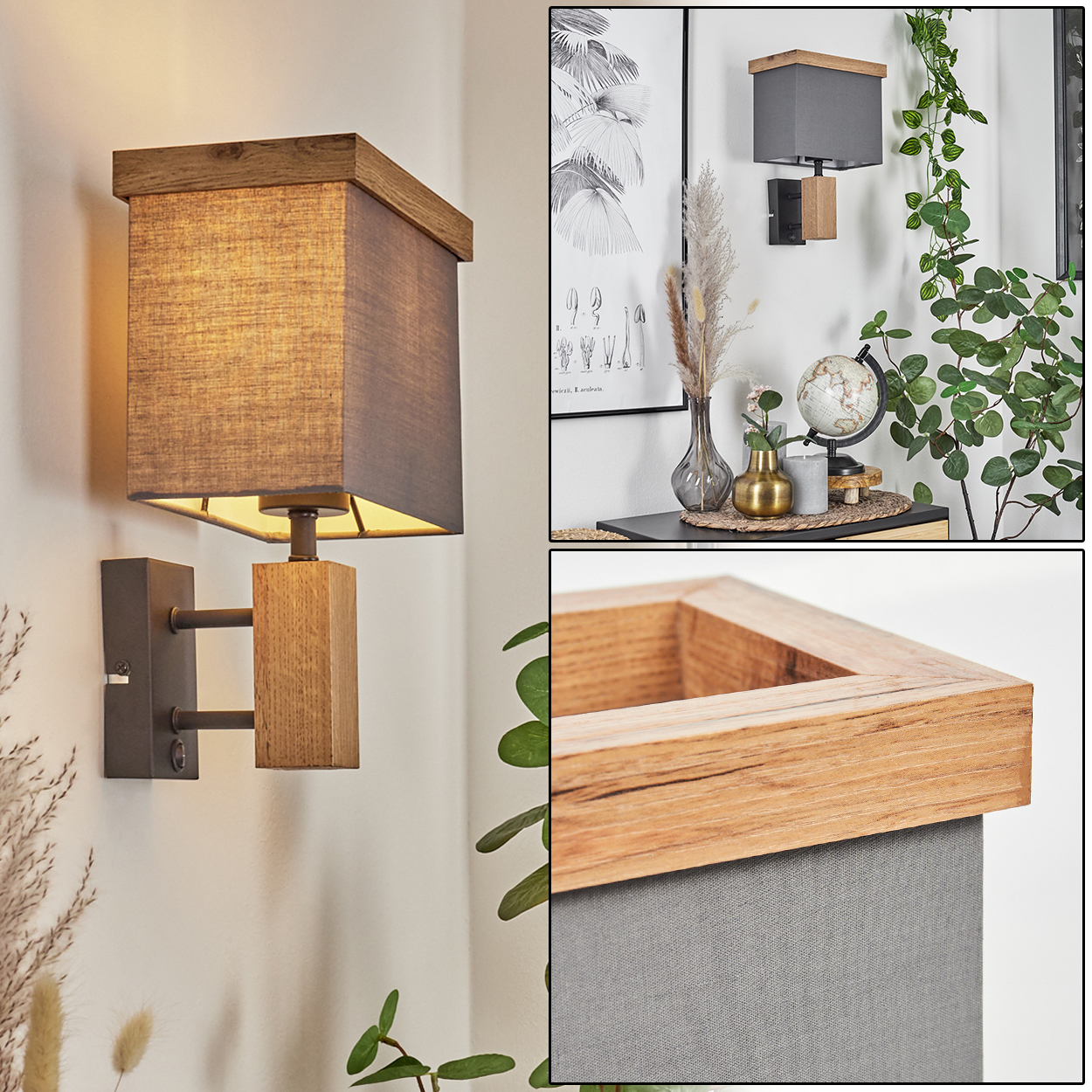 Wandleuchte mit Holz- und grauen Stoffelementen. Zusatzbilder zeigen Details der Lampe.