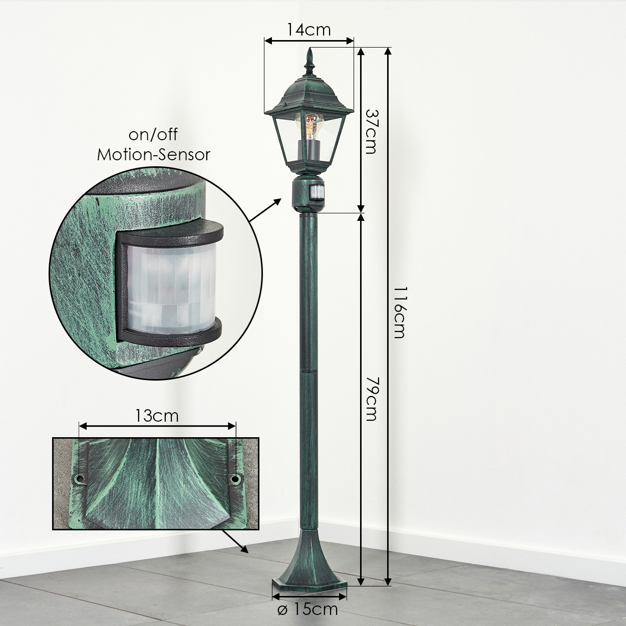 Außenstehlampe mit Maßen. Sie hat einen Bewegungssensor und ist 116 cm hoch.