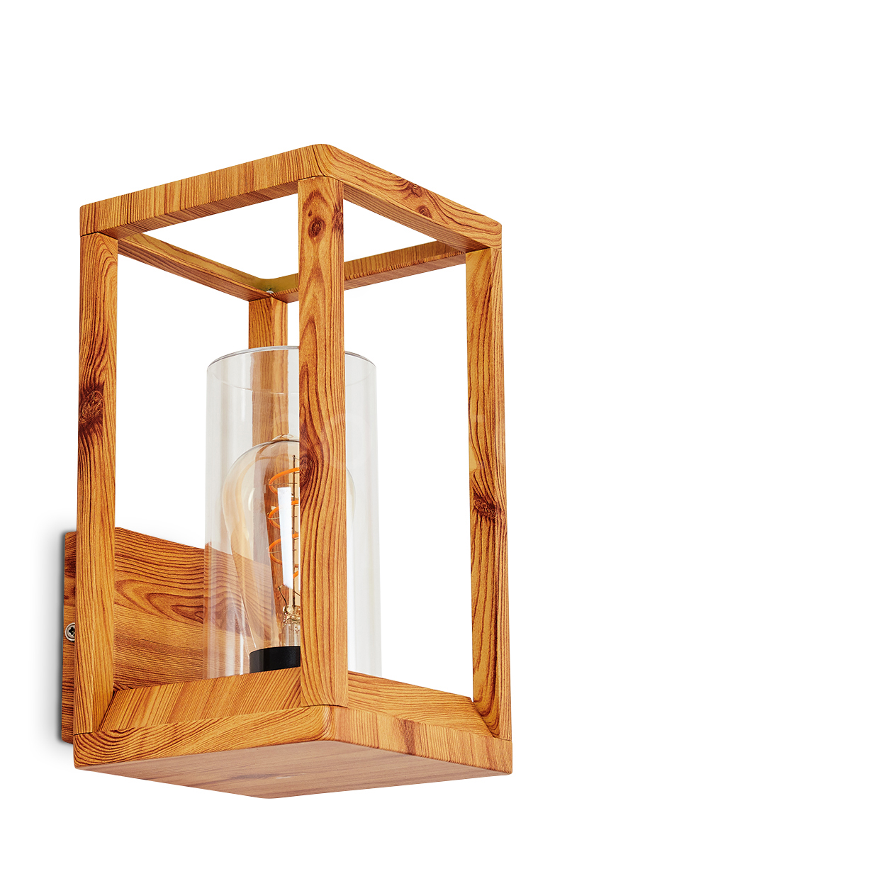 Wandlampe mit Holzrahmen und Glaskörper mit Glühbirne.