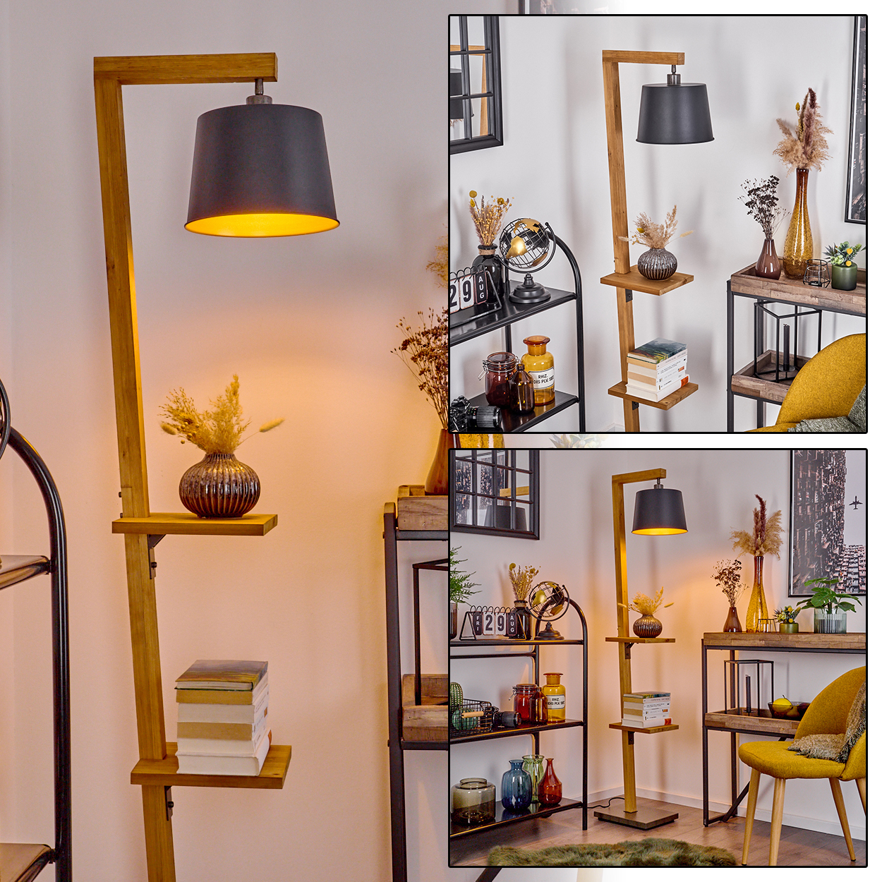 Holz-Stehlampe mit Regalen und schwarzem Lampenschirm, neben anderen Möbeln. Mehrere Ansichten.