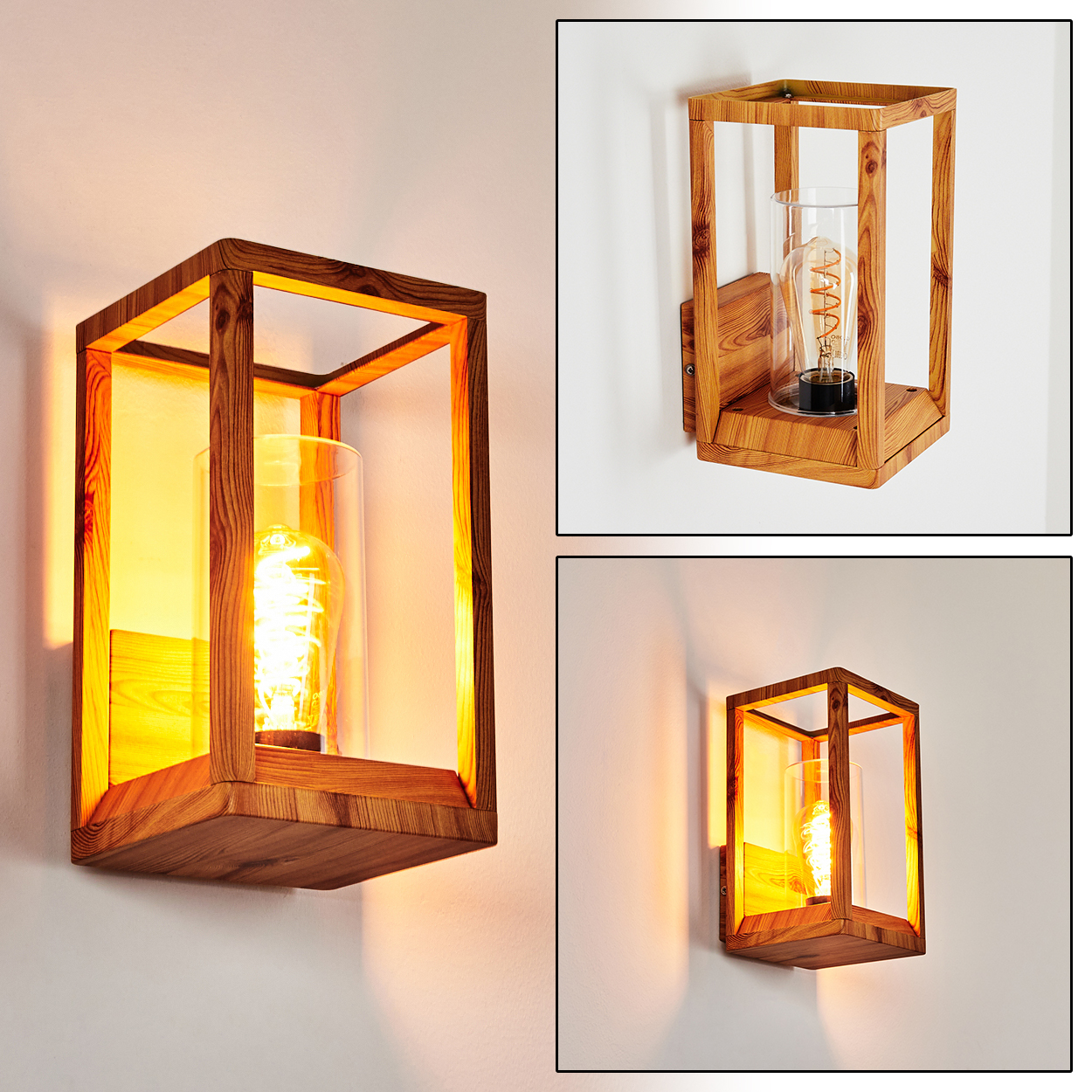 Wandlampen aus Holz mit Glaszylinder und eingeschalteter Glühbirne. Mehrere Ansichten, Nahaufnahme.