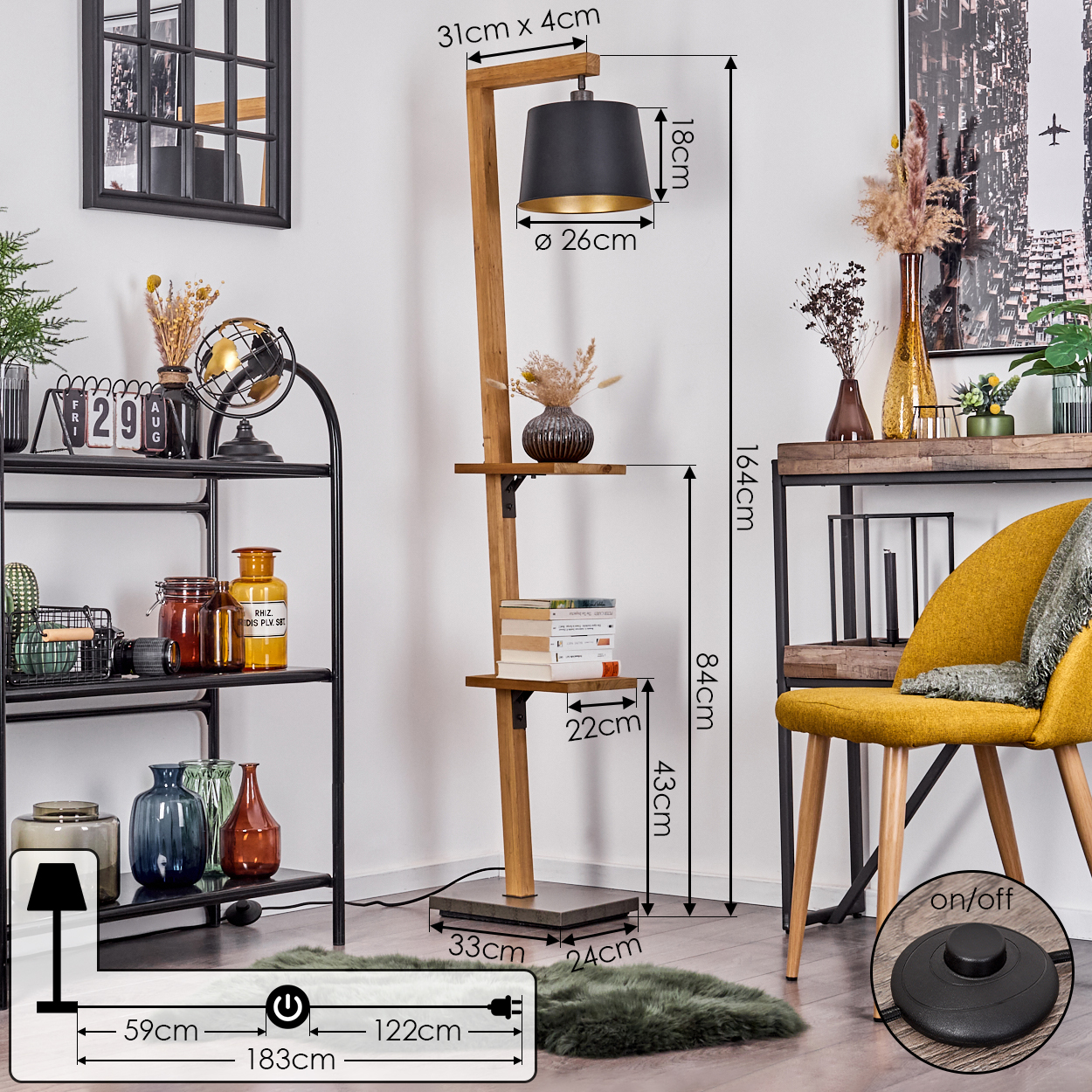 Innenraum mit Stehlampe, Maße beschriftet. Enthält eine Diagramm der Lampe.