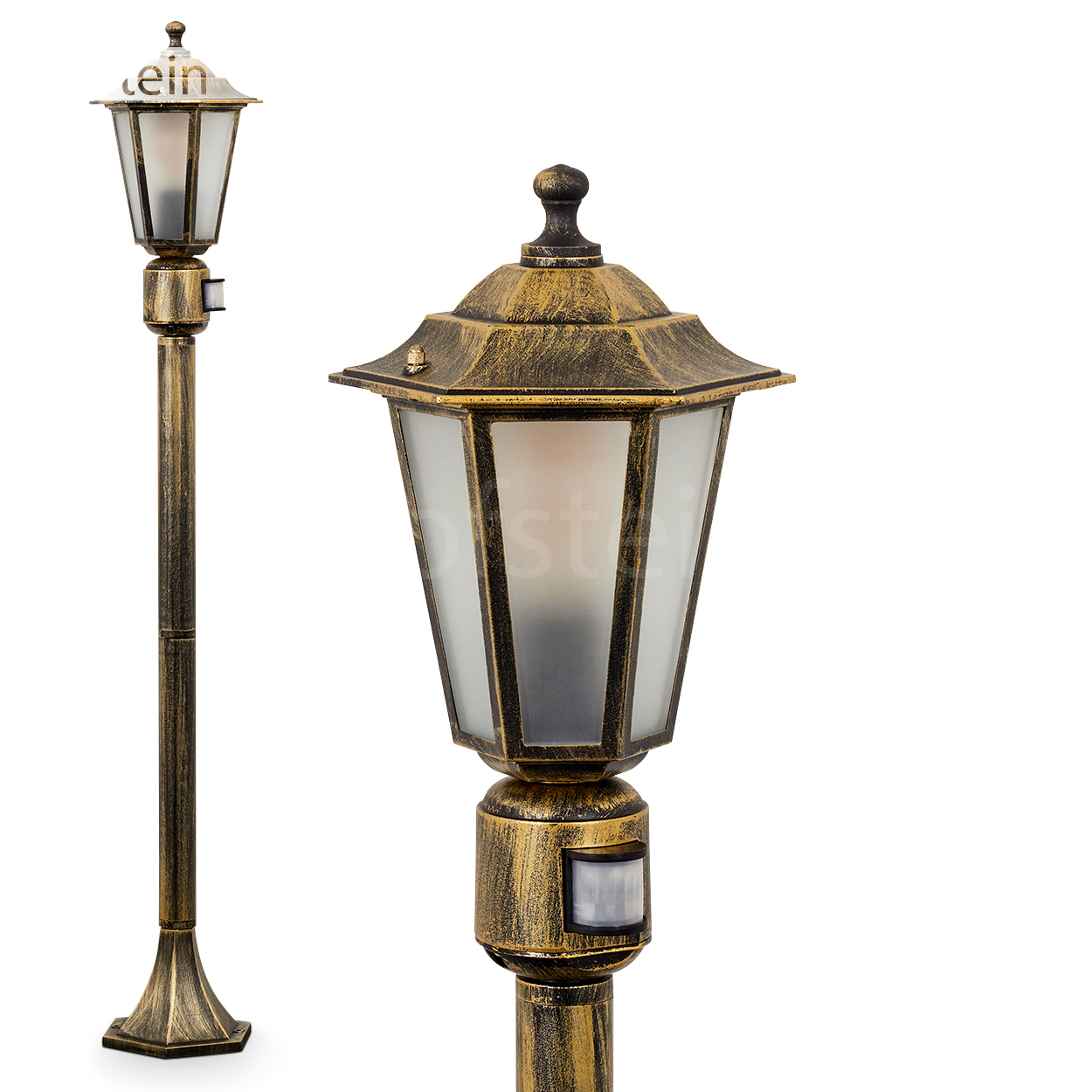 Ein goldener Lampenpfahl steht hoch, mit einem Bewegungssensor. Weißer Hintergrund mit detaillierter Nahaufnahme der Lampe.
