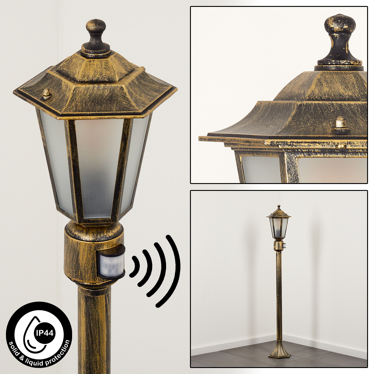 Detaillierte Ansicht eines goldenen Lampenpfahls mit Bewegungssensor, mit Diagrammen und weißem Hintergrund.