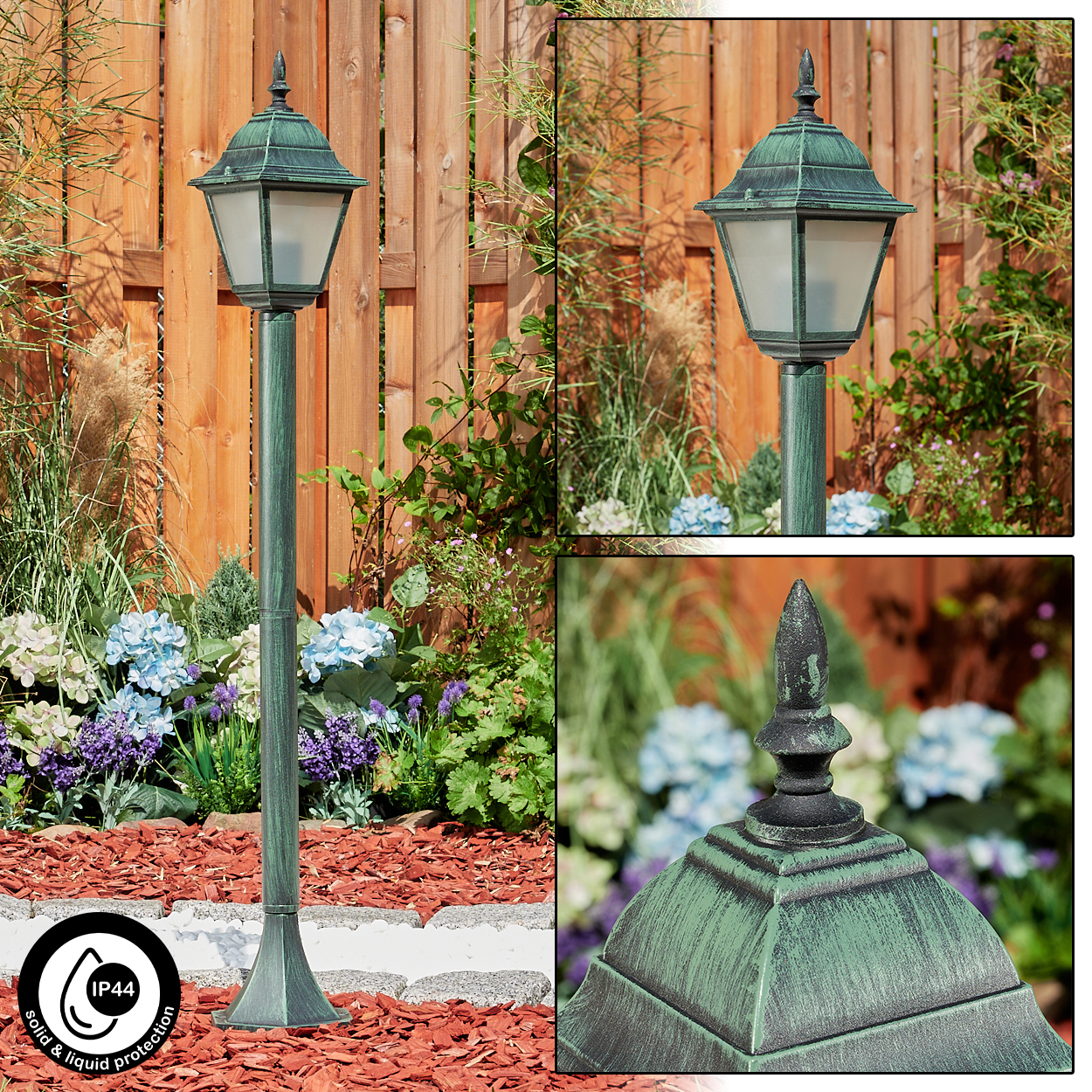 Außenlaternenpfahl mit grün-schwarzem Finish, in einem Garten. Inklusive Ansichten mit IP44-Schutz.