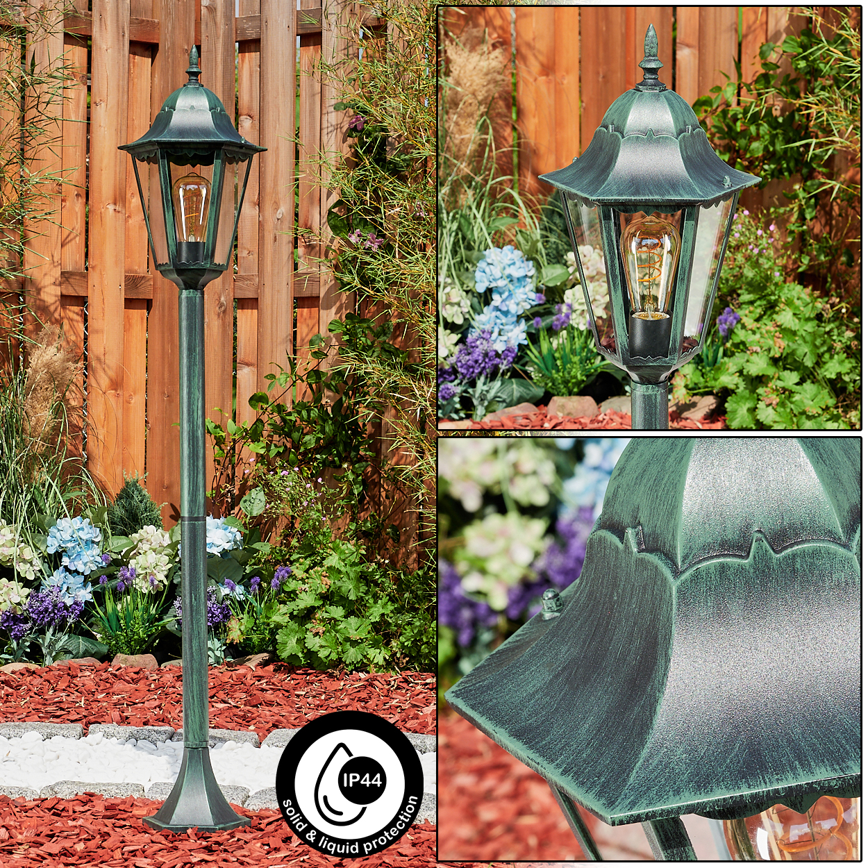 Außenlampe in einem Garten. Die Lampe ist grün, mit leuchtender Glühbirne, und dekorativer Spitze.