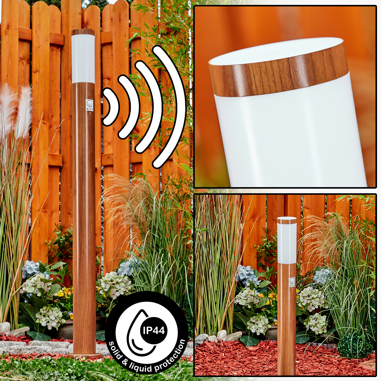 Eine hohe Außenlampe mit Holzmaserung und weißer Oberseite. Umgeben von Pflanzen und einem Holzzaun.