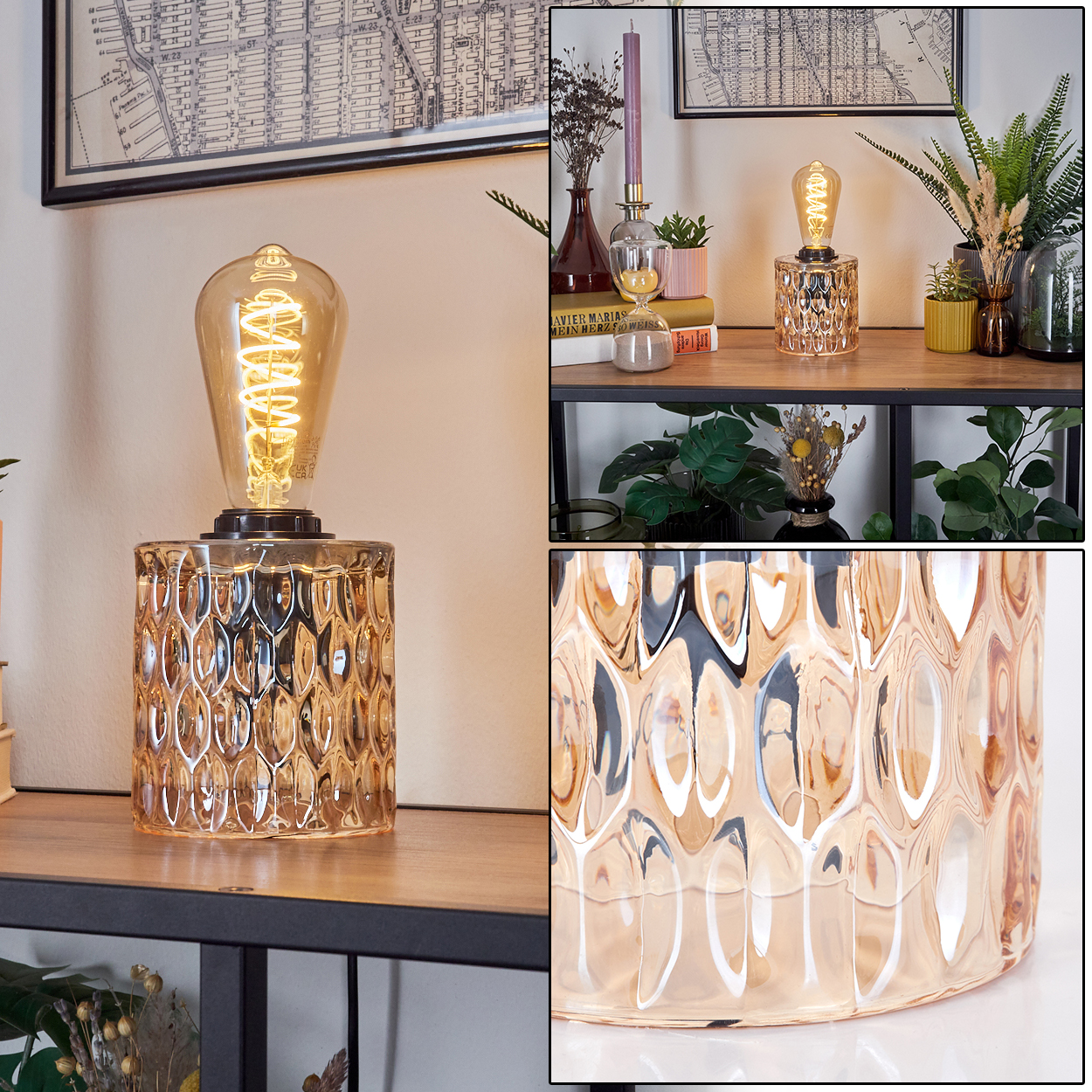 Tischlampe mit strukturierter Glasbasis und Glühbirne im Vintage-Stil auf einem Holzregal.