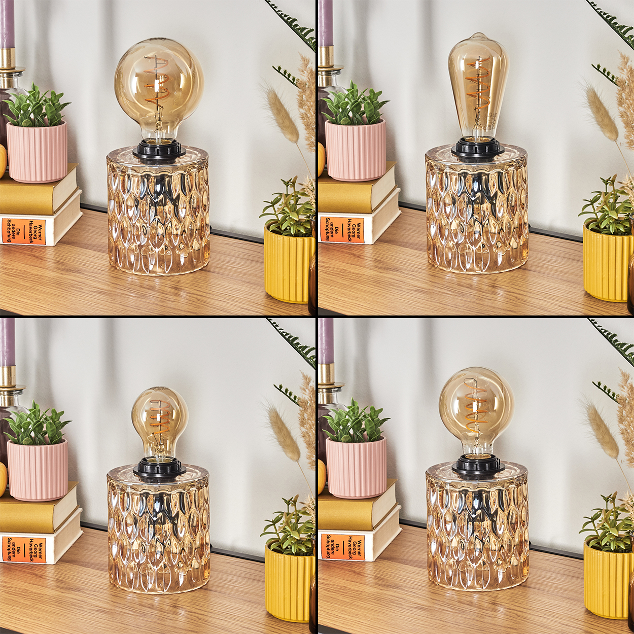 Vier Bilder einer Lampe mit einer Glühbirne. Die Lampe hat einen strukturierten, bernsteinfarbenen Glasfuß und eine Pflanze in der Nähe.