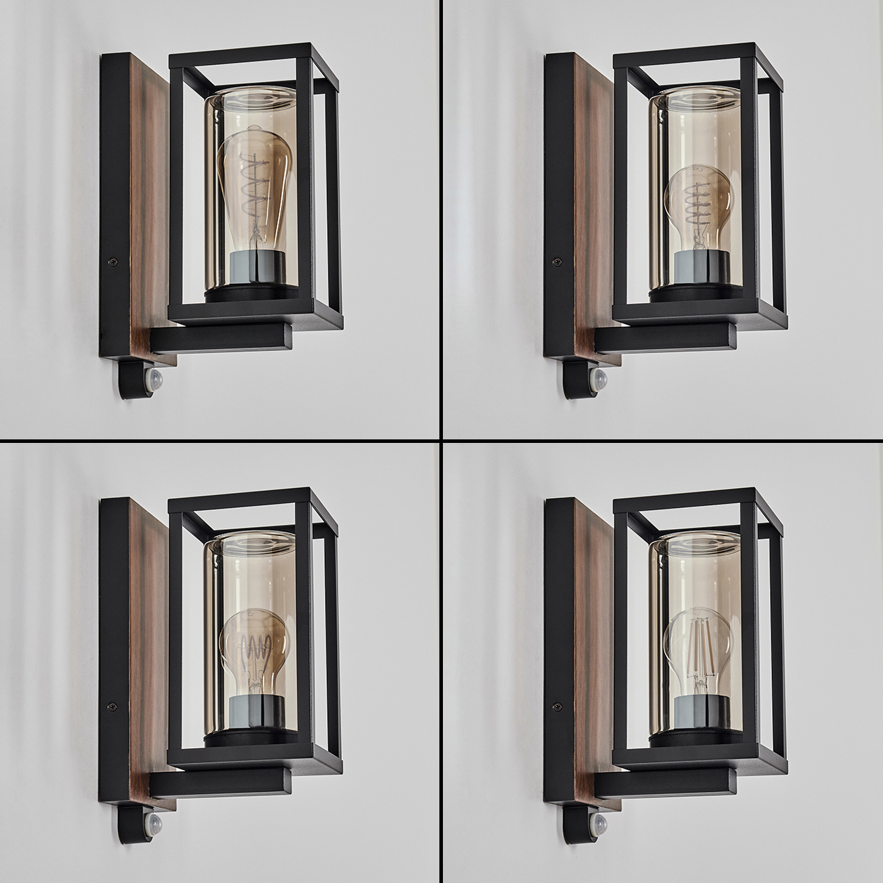 Eine Wandlampe mit schwarzem Rahmen, Holzhintergrund und sichtbarer Glühbirne ist an einer weißen Wand befestigt.