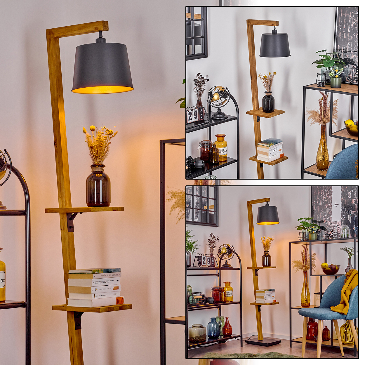 Drei Bilder einer Holz-Stehlampe mit Regalen. Die Lampe hat einen schwarzen Lampenschirm und befindet sich in einer Raumsituation.