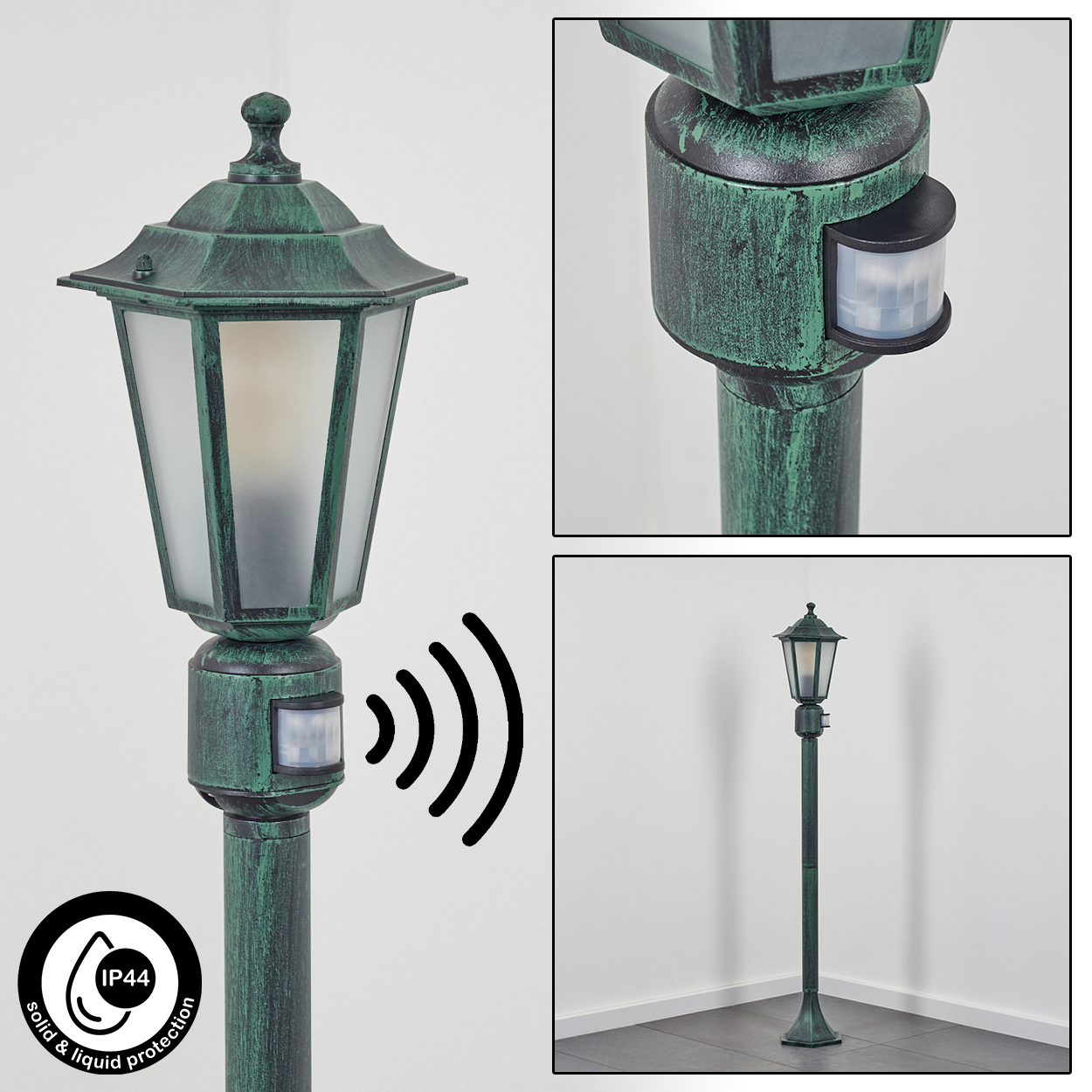 Verschiedene Ansichten einer grünen Außenlaterne mit Bewegungssensor. Die Lampe hat ein Milchglas.