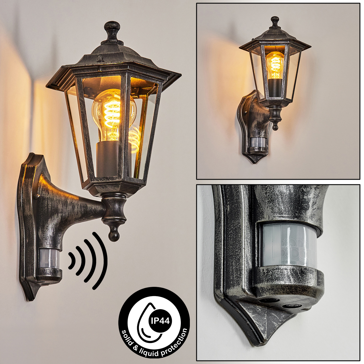 Außenlampe mit antikem Finish. Enthält einen Bewegungssensor und IP44-Schutz, gibt Licht ab.