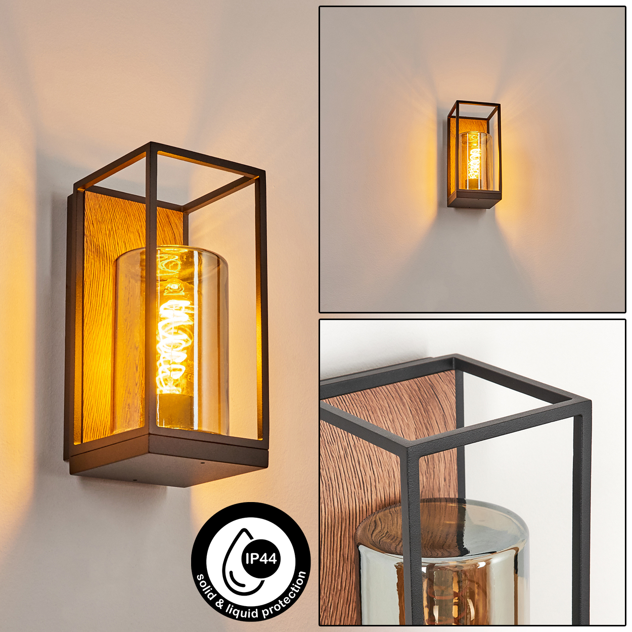 Wandlampe mit schwarzem Rahmen, Holzrückwand und Glaszylinder mit Glühbirne.