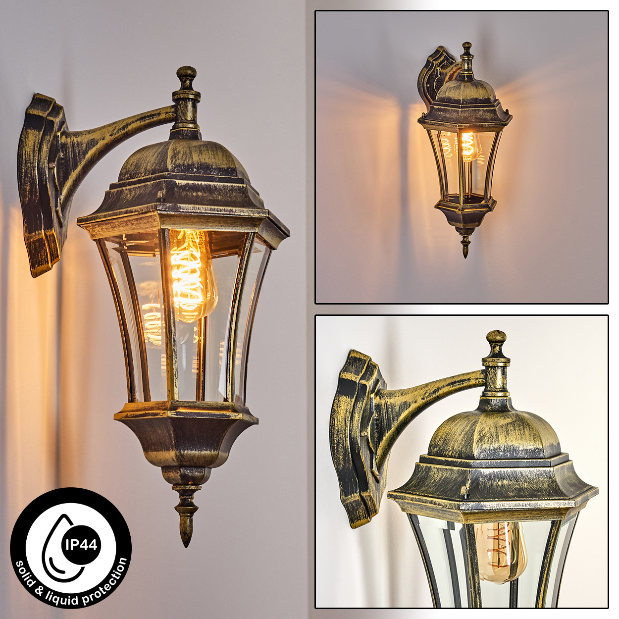 Goldene Außenwandleuchte. Zeigt Vorderansicht, Draufsicht und Winkelansicht. Mit IP44-Symbol.
