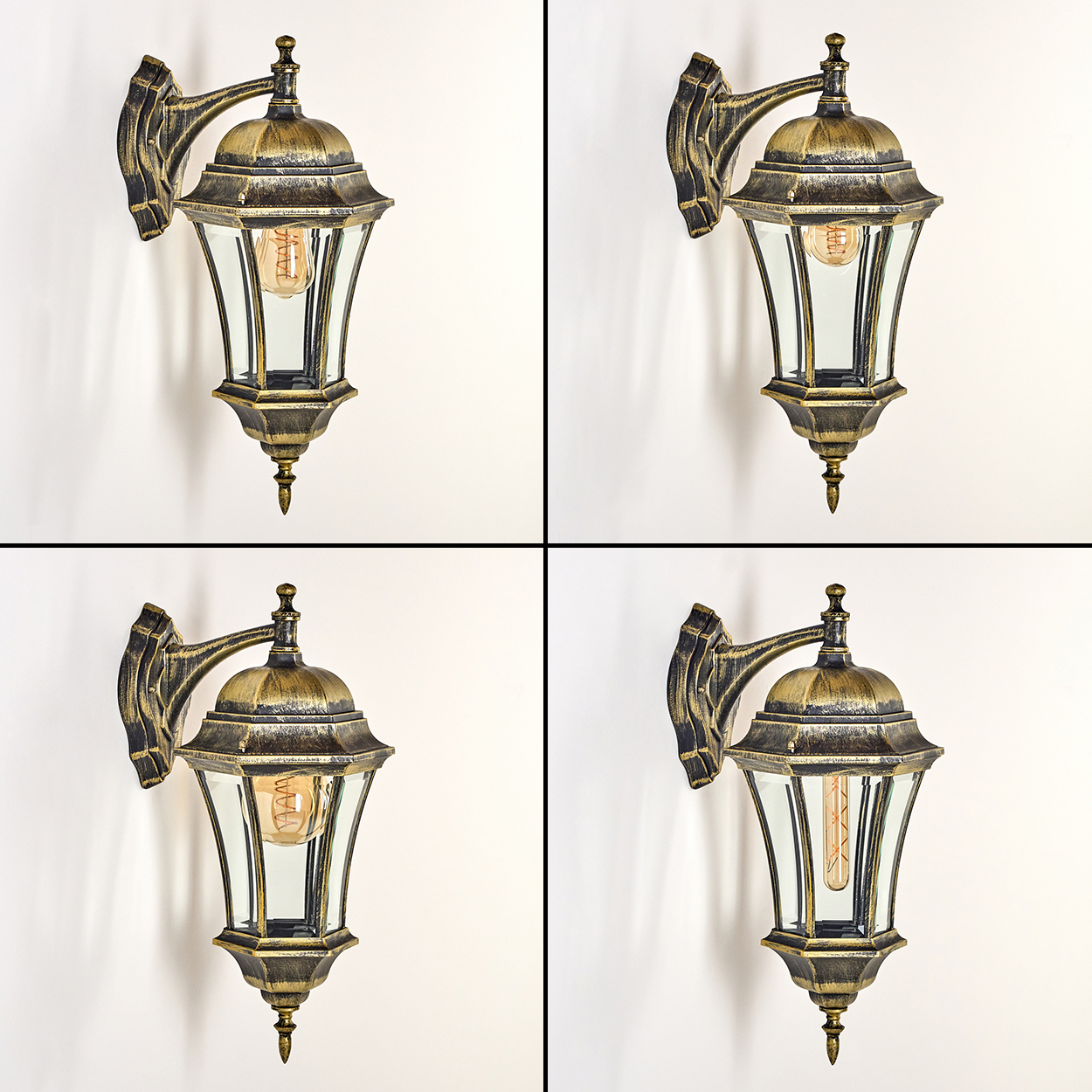 Vier Bilder von goldfarbenen Wandlampen mit leuchtenden Glühbirnen. Jede Lampe hat Glasscheiben.