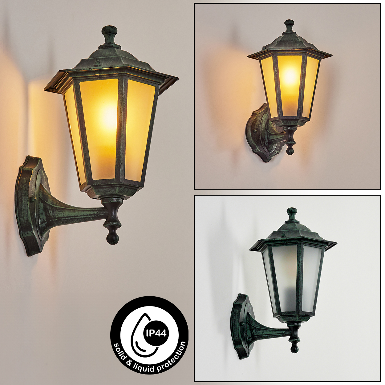 Drei Bilder einer grünen Außenlampe. Jedes zeigt die Lampe an einer Wand. IP44 Feststoff- und Flüssigkeitsschutz.