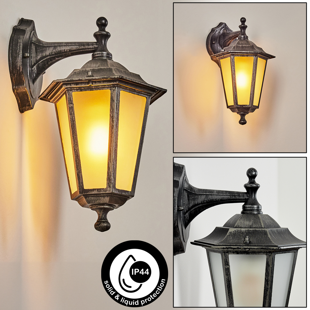Eine Außenwandleuchte mit Metallic-Finish und Milchglas. Ein IP44-Symbol wird angezeigt. Zwei zusätzliche Ansichten sind vorhanden.