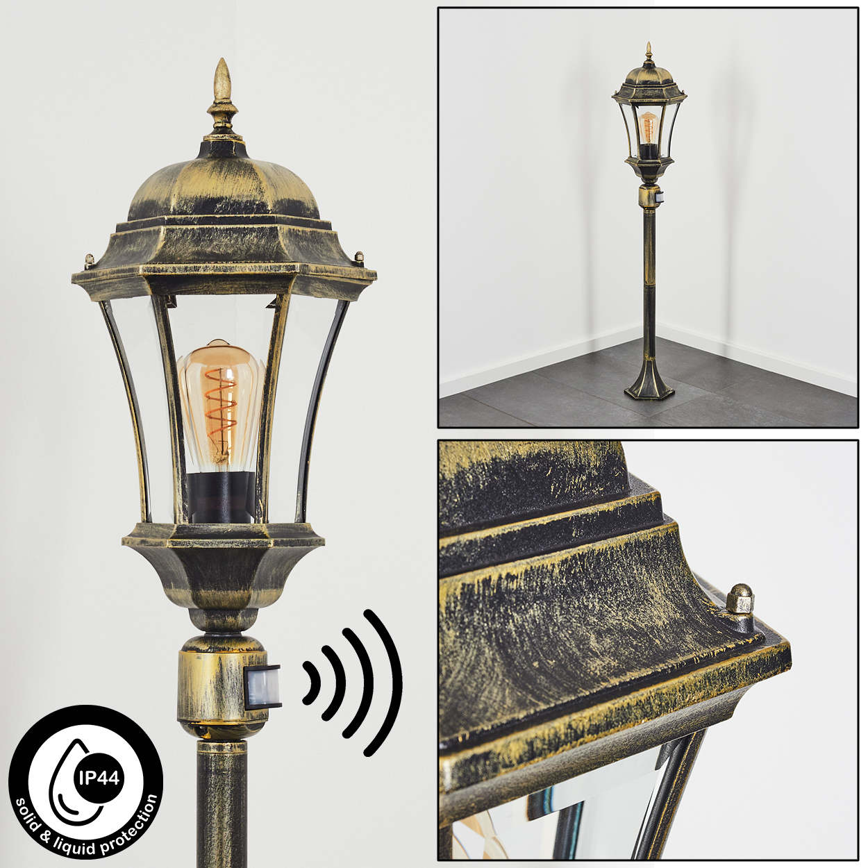 Eine Außenlaterne mit goldfarbenem Finish und Licht. Sie hat IP44-Schutz und einen Bewegungssensor.