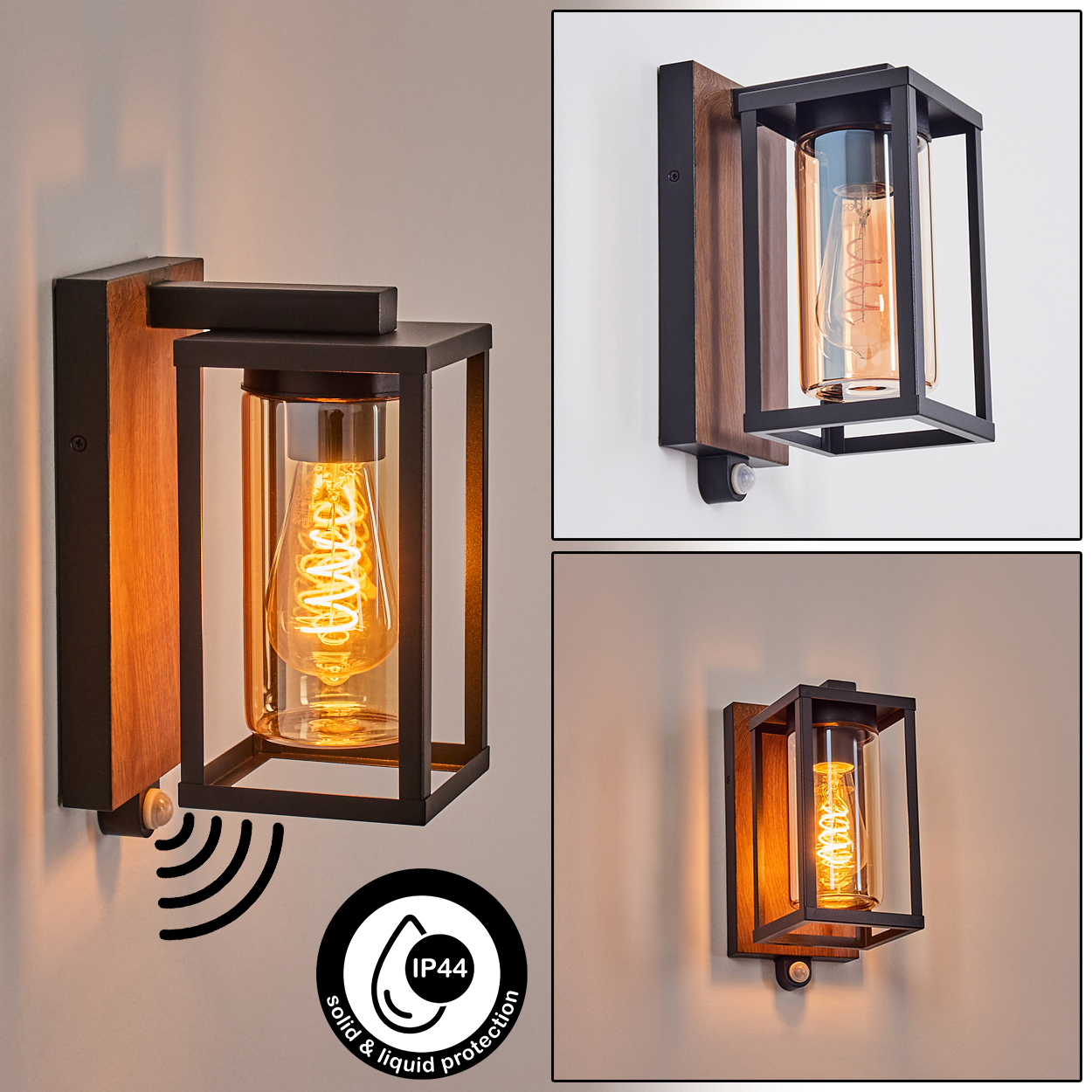 Drei Wandlampen, mit Holzsockel und schwarzem Rahmen und warmtoniger Glühbirne. Eine hat einen Sensor.