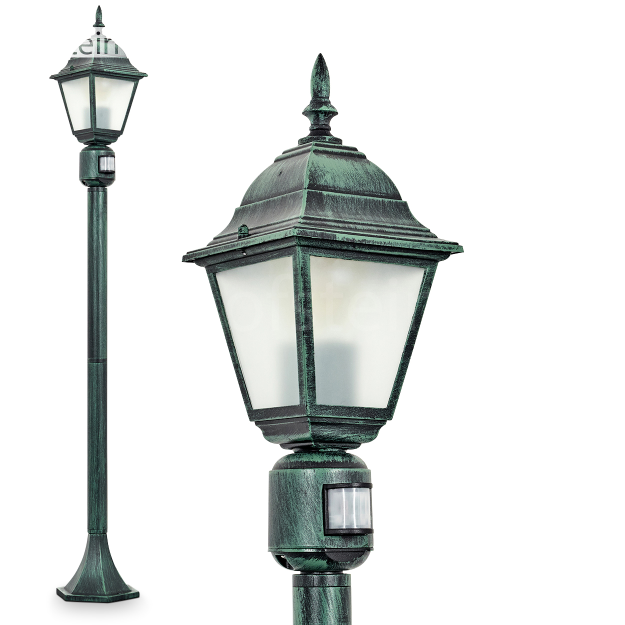 Grüne Außenlampenpfosten mit Licht. Die Lampe hat eine dekorative Spitze und einen Bewegungssensor.