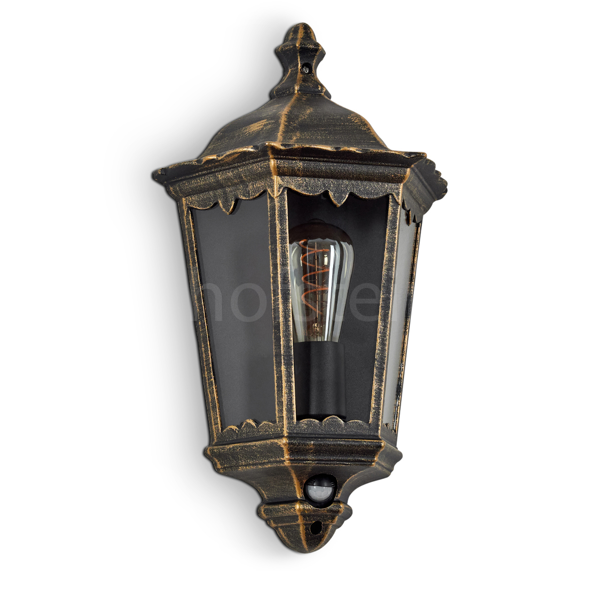 Wandmontierte, schwarz-goldene Außenlampe mit Glühbirne.
