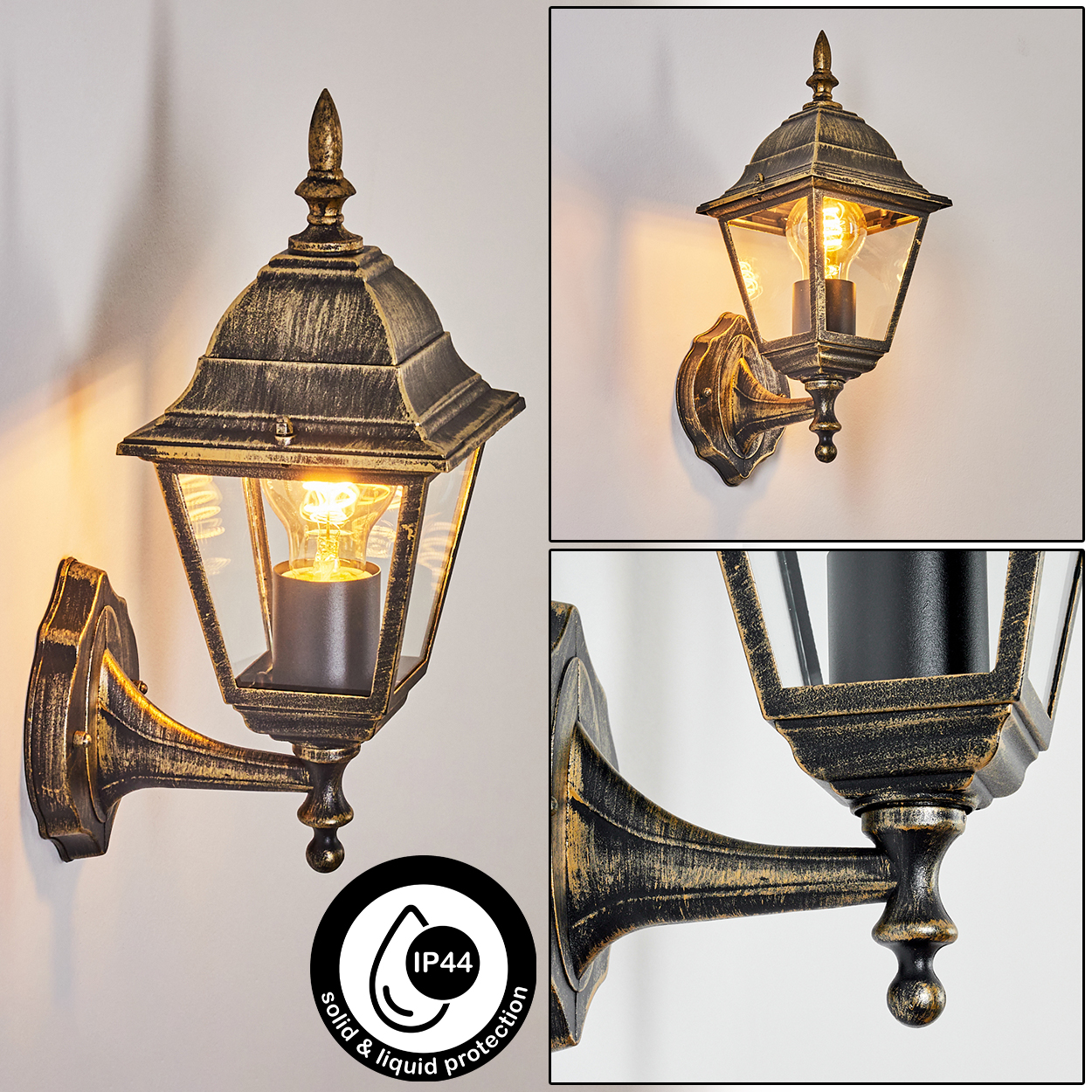Außenwandleuchte mit Glühbirne und Sensor. Schwarz und Gold. IP44-Bewertung.