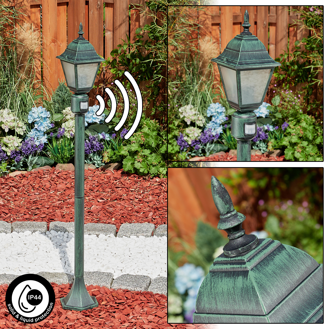 Grüne Außenlaterne mit Sensor, im Garten. Verschiedene Ansichten gezeigt.