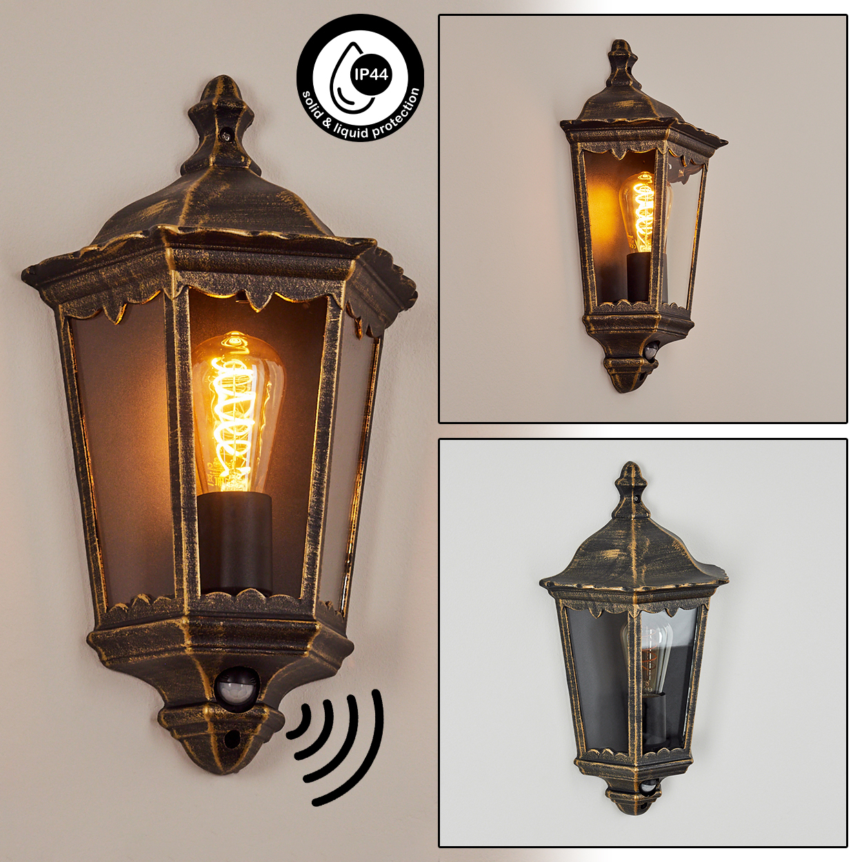 Mehrere Ansichten einer schwarz-goldenen Außenlampe mit Glühbirne. Eine mit Sensor.