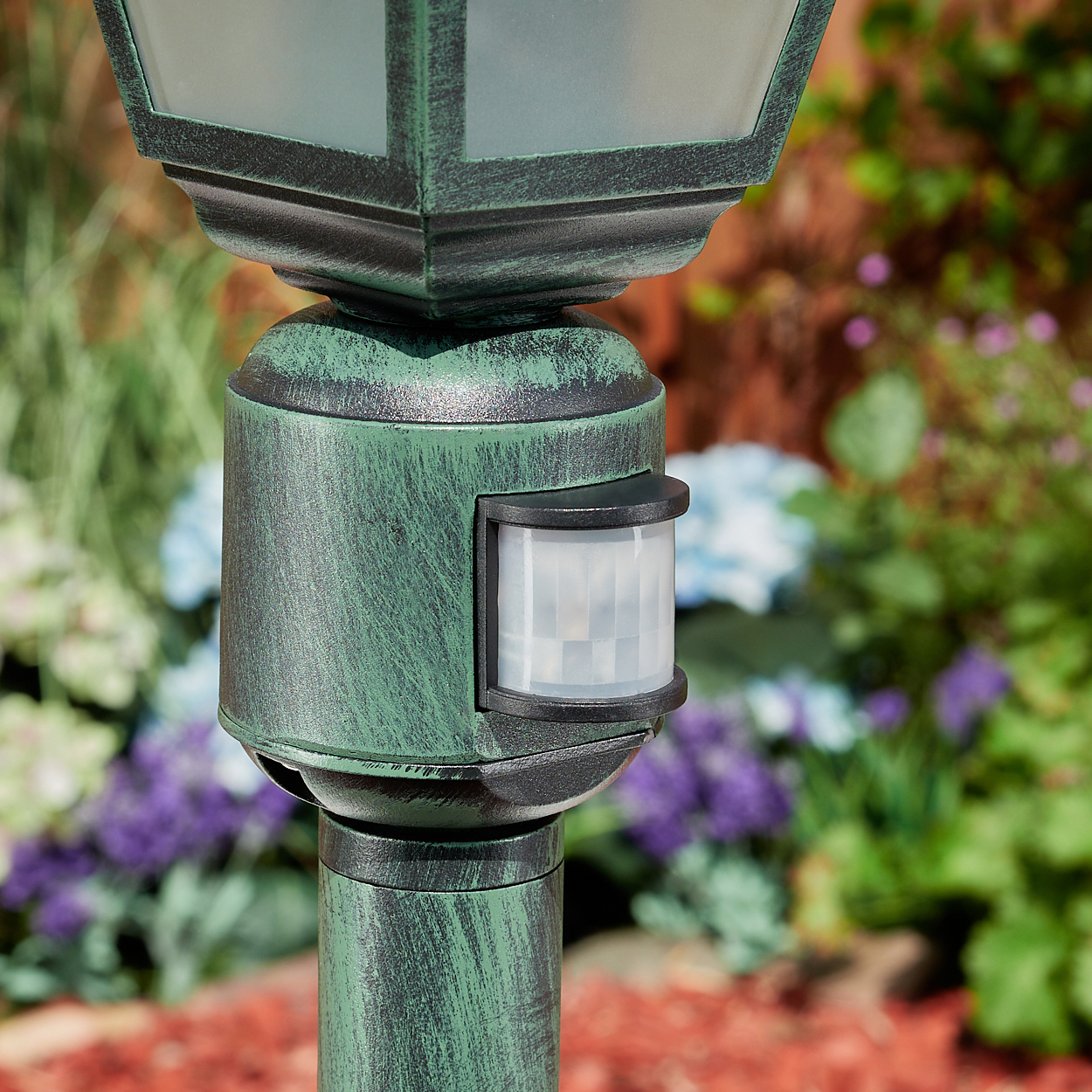Nahaufnahme des grünen Laternenpfahlsensors mit verschwommenem Gartenhintergrund.
