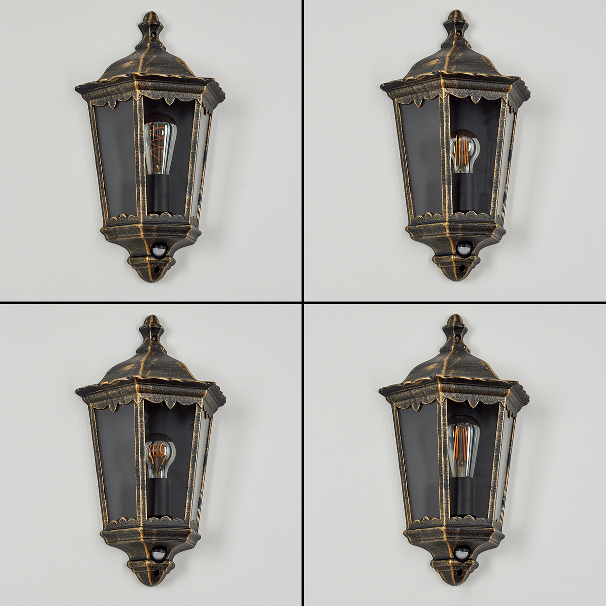 Vier Ansichten einer schwarz-goldenen Wandlampe mit Glühbirne, auf weißem Grund.