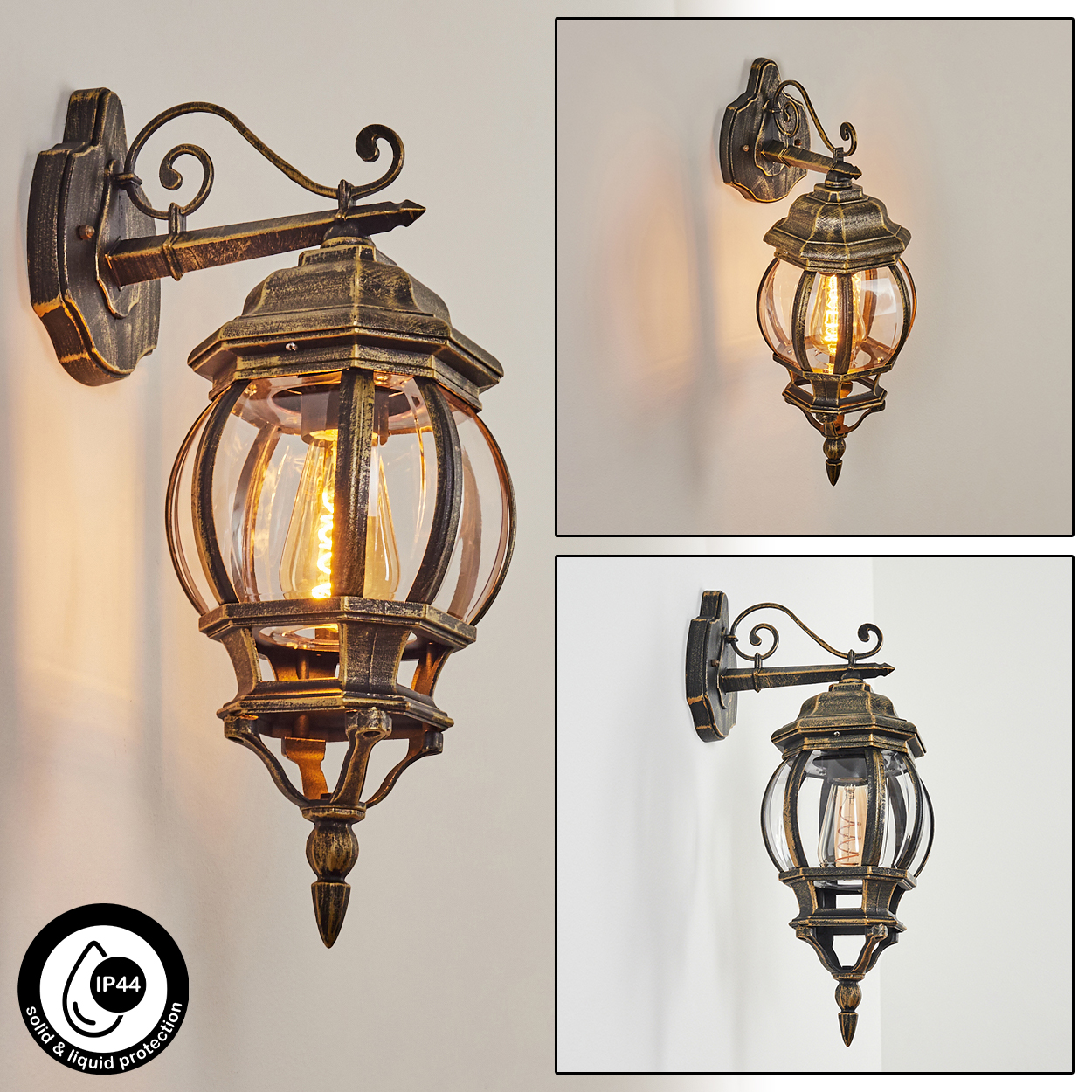 Eine bronzefarbene Außenwandleuchte mit Glasgehäuse und dekorativem Design, mit IP44-Schutzart. Mehrere Ansichten der Lampe werden gezeigt.