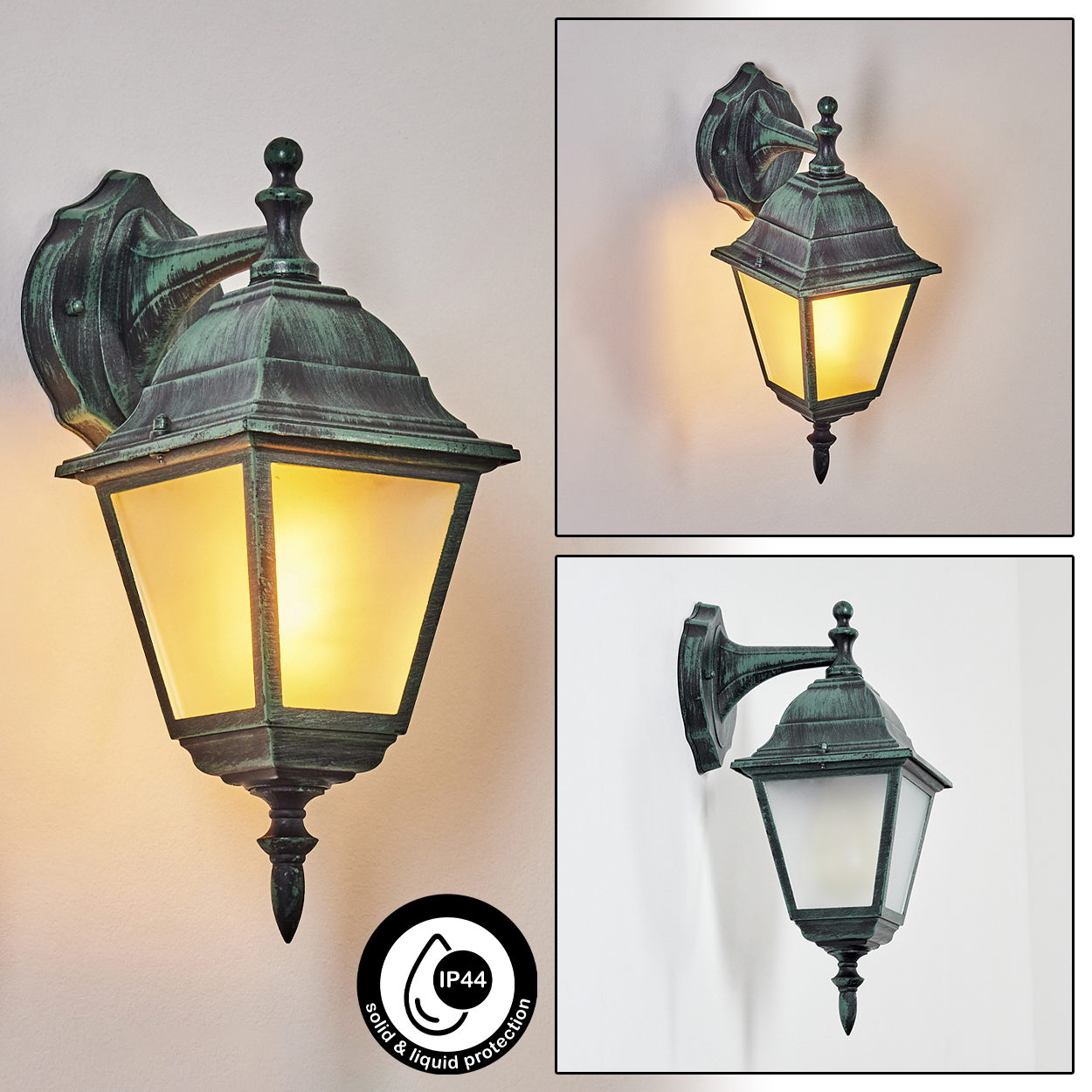 Drei Bilder einer grünen Außenlampe. Alle Lampen haben dekorative Spitzen und klare Glasscheiben.