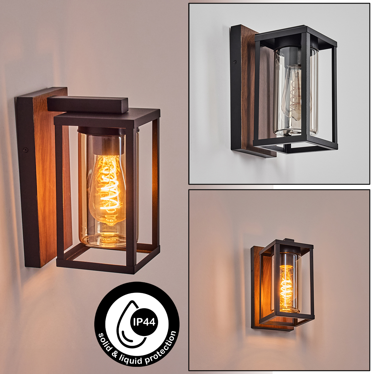 Drei Bilder von modernen Außenlampen mit Holzrücken, schwarzem Rahmen und Glaszylinder, gegen Weiß.