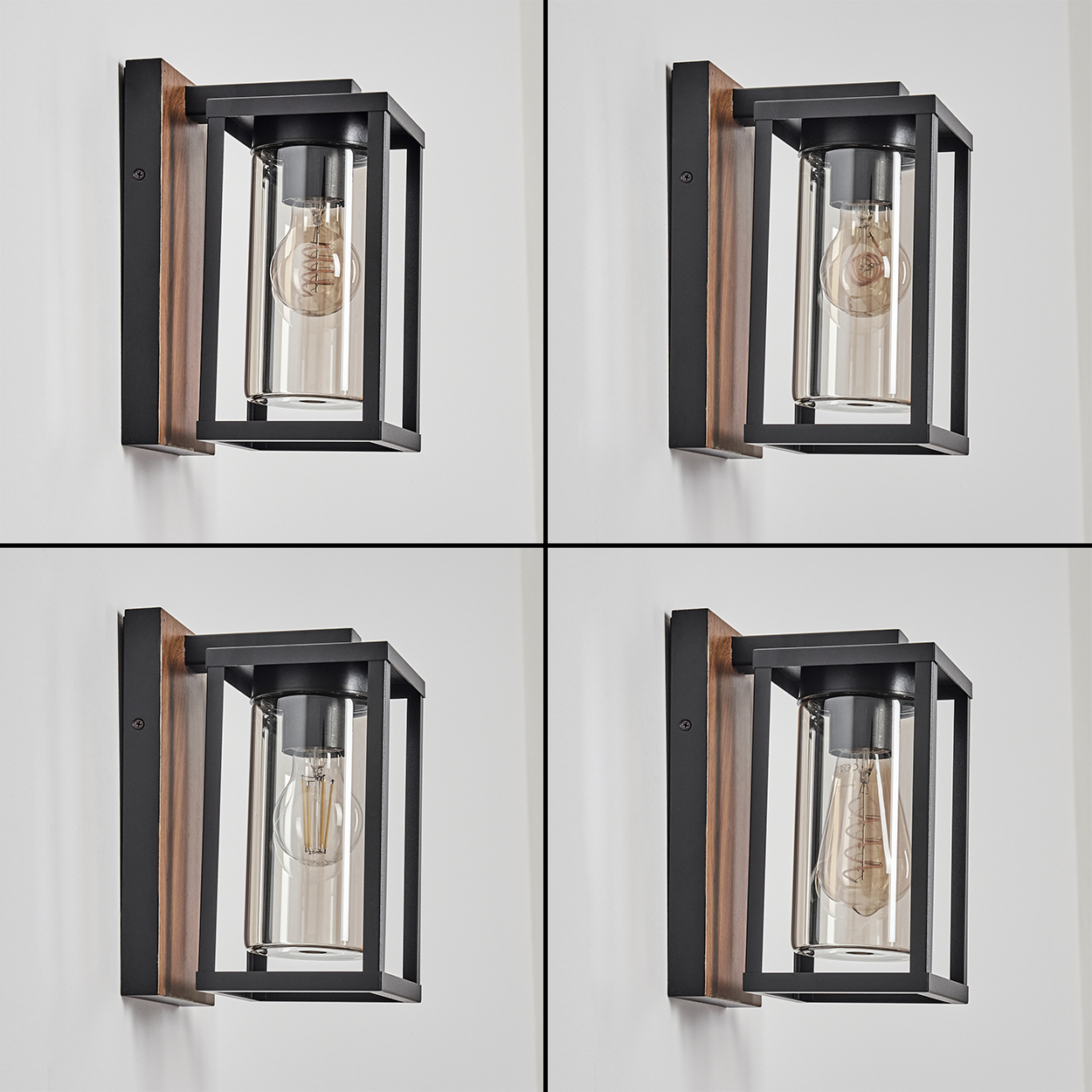 Vier Bilder von schwarzen Außenwandleuchten mit Glaszylindern und Edison-Glühbirnen, vor weißer Wand.
