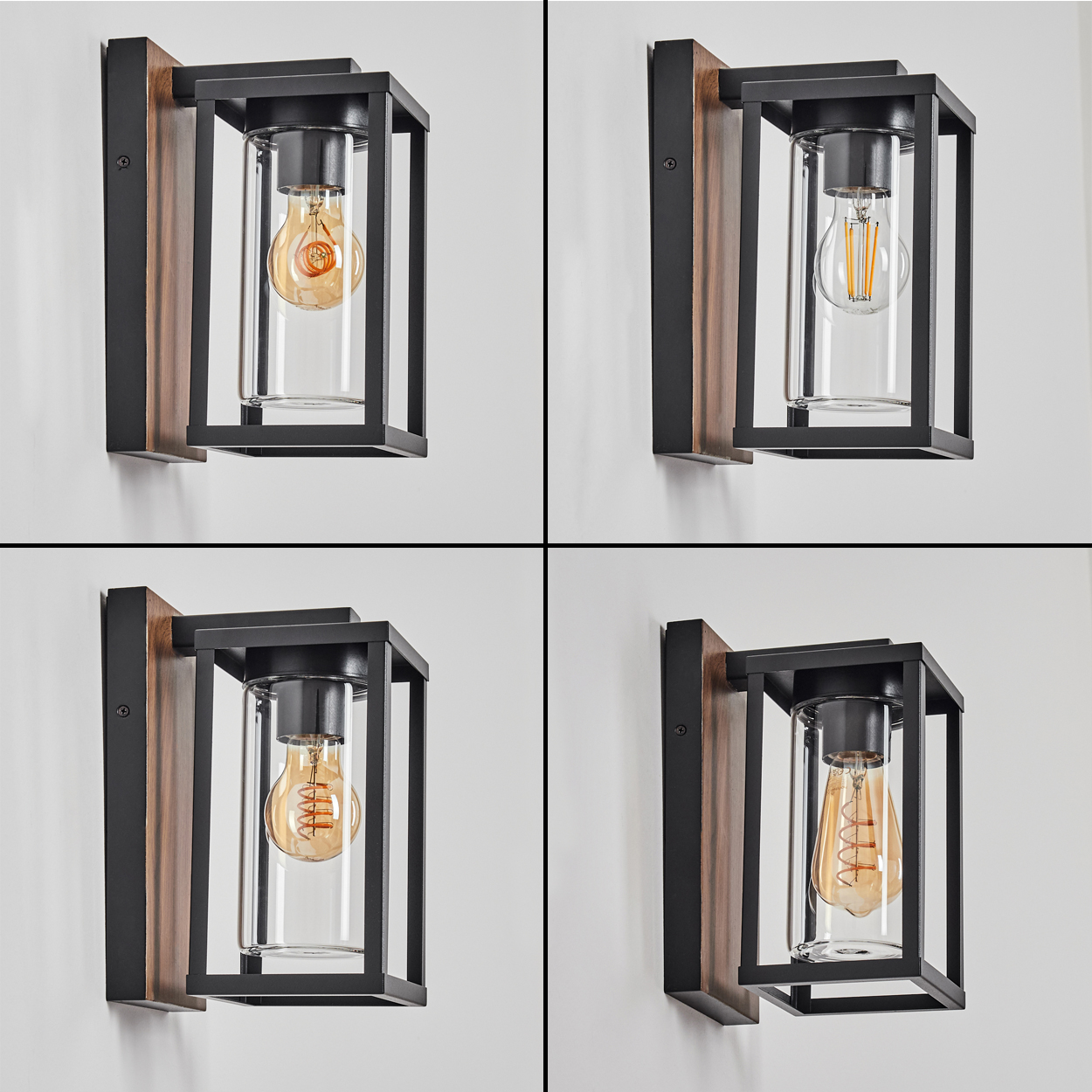 Vier moderne Wandlampen mit Holzsockel, schwarzem Rahmen und einem Glaszylinder mit Glühbirne.