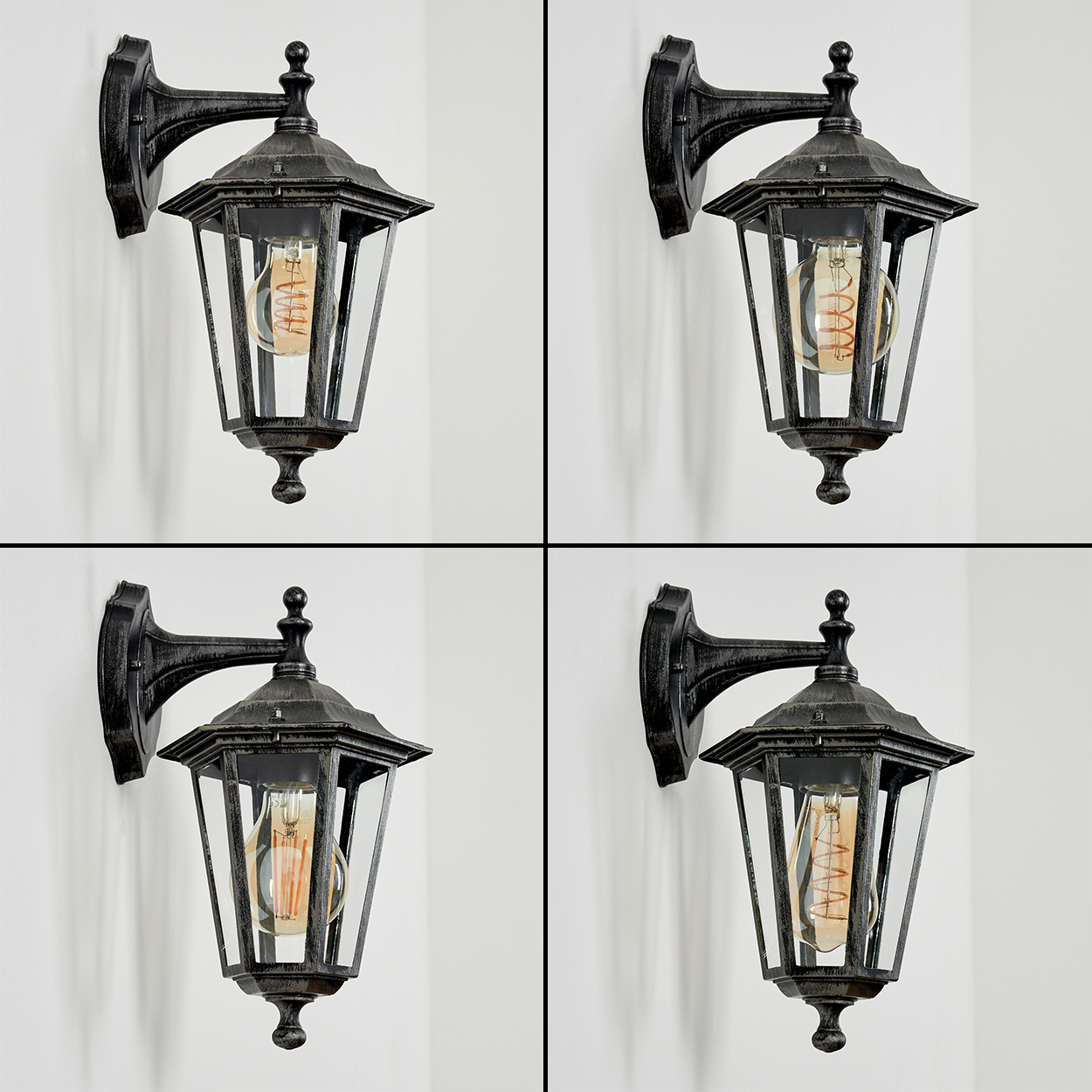 Vier Bilder einer schwarz-goldenen Wandlampe mit einer Glühbirne in einem Glaskasten.