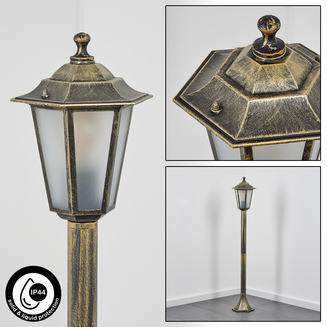 Nahaufnahme von Teilen einer Außenlampe, einschließlich Oberseite, Seite und einer kompletten Lampenstange.