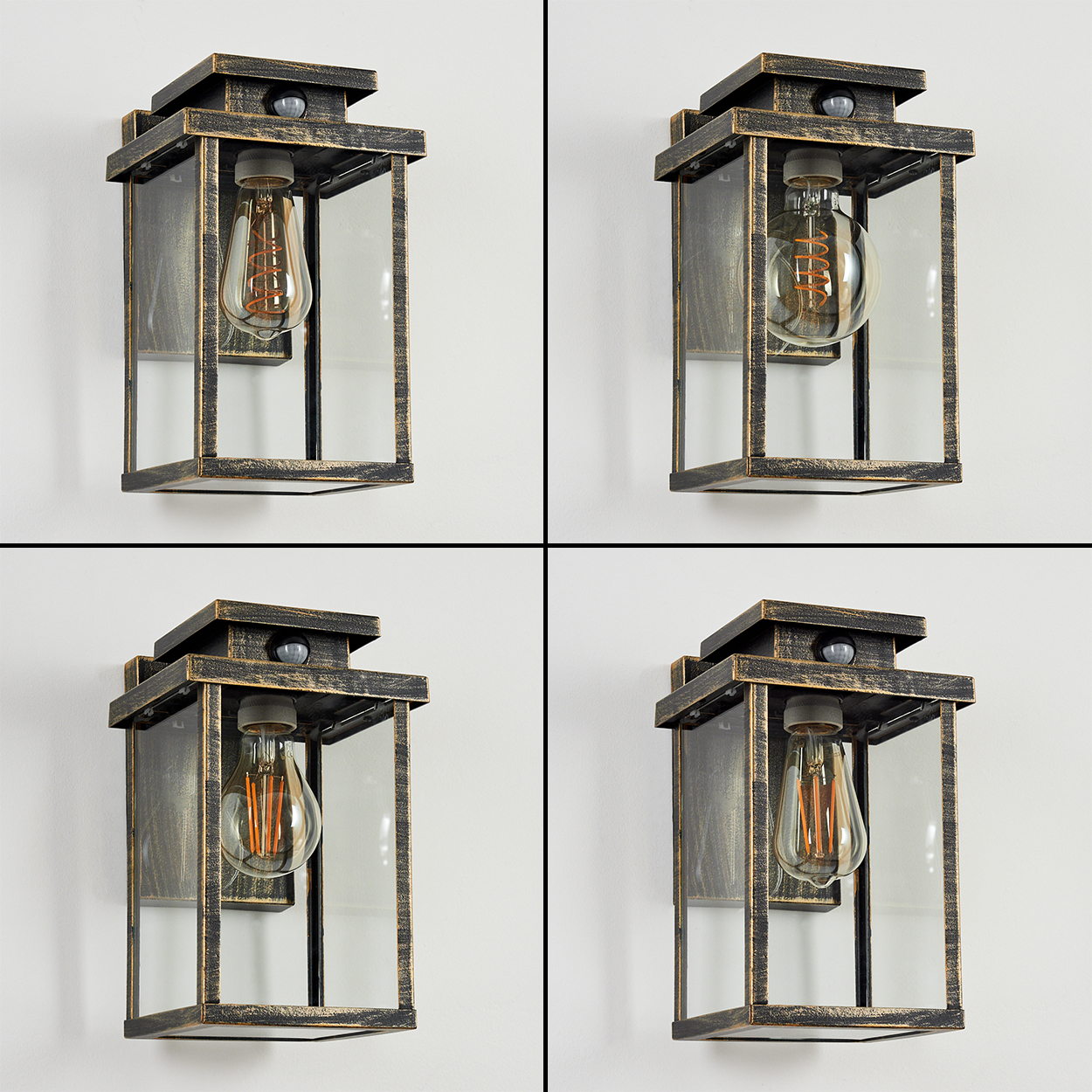 Vier Bilder einer Außenwandleuchte mit Glasgehäuse und Glühbirne, mit einem Bewegungssensor oben. Die Lampe hat eine Bronzeausführung.