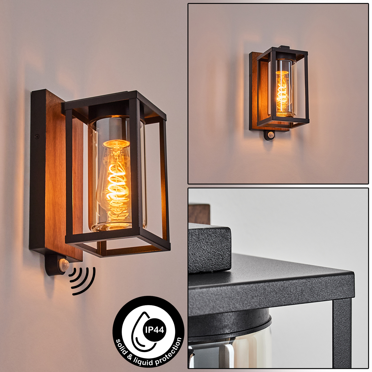 Drei Bilder von Außenlampen. Eine Lampe ist links und zwei sind rechts. Alle haben einen Holzrahmen und Glas.